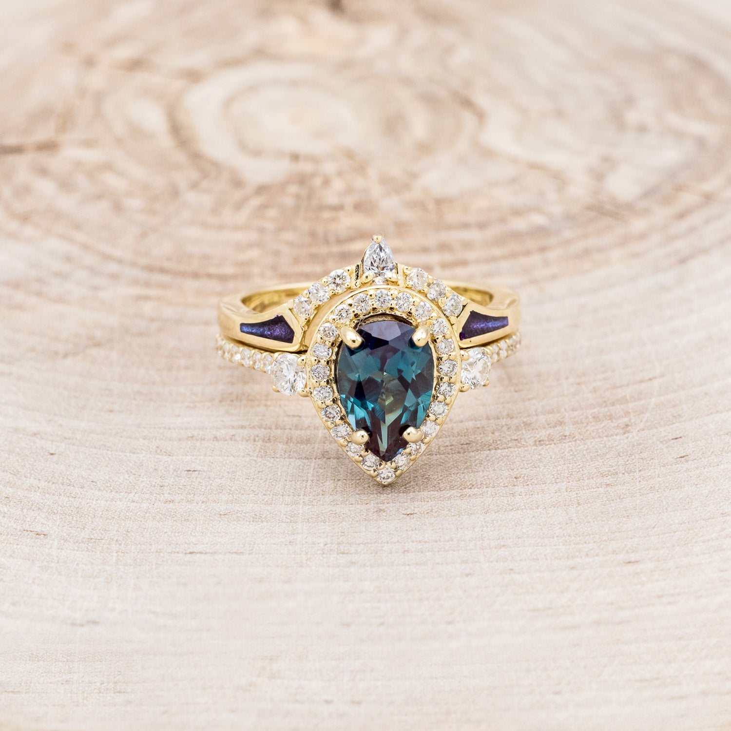 "KB" - BRIDAL SUITE - PEAR SHAPED LAB-GROWN ALEXANDRITE ENGAGEMENT RING WITH DIAMOND ACCENTS & TRACERS-34