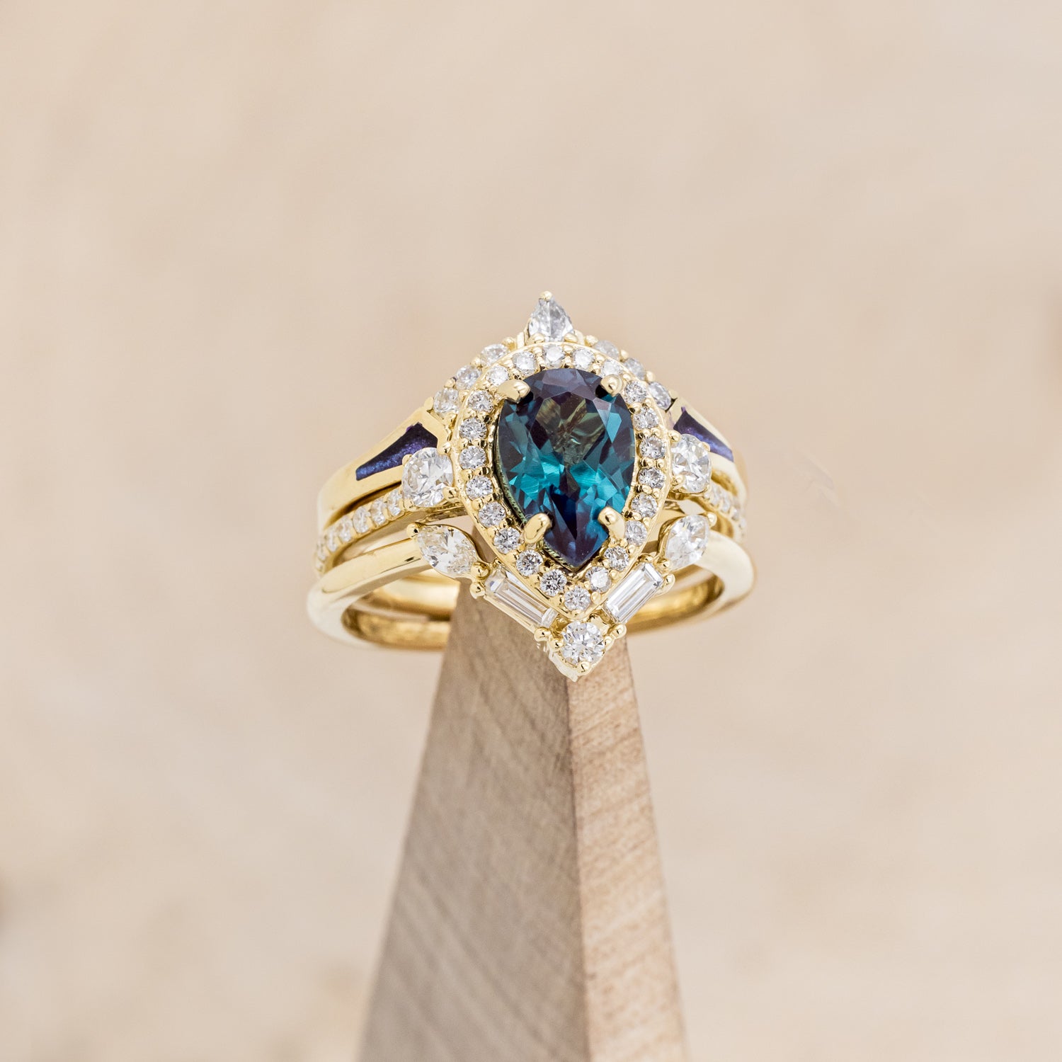 "KB" - BRIDAL SUITE - PEAR SHAPED LAB-GROWN ALEXANDRITE ENGAGEMENT RING WITH DIAMOND ACCENTS & TRACERS-24