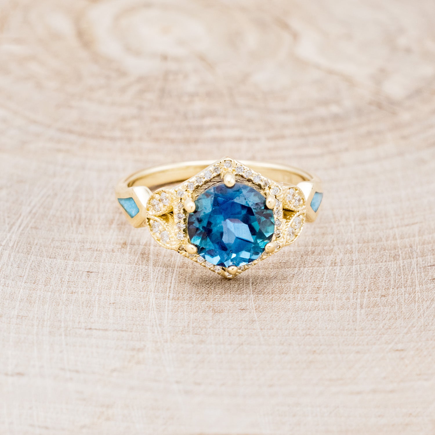 "LUCY IN THE SKY" - ROUND CUT LAB-GROWN ALEXANDRITE ENGAGEMENT RING WITH DIAMOND ACCENTS & TURQUOISE INLAYS-10