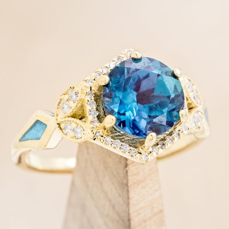"LUCY IN THE SKY" - ROUND CUT LAB-GROWN ALEXANDRITE ENGAGEMENT RING WITH DIAMOND ACCENTS & TURQUOISE INLAYS-7
