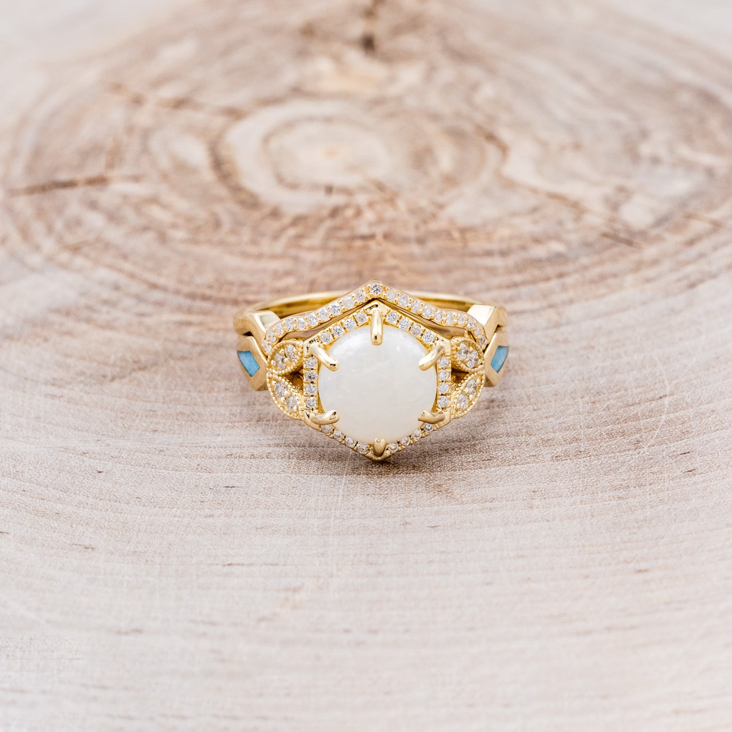 "LUCY IN THE SKY" - ROUND CUT WHITE OPAL ENGAGEMENT RING WITH DIAMOND ACCENTS & TURQUOISE INLAYS WITH DIAMOND TRACER-4