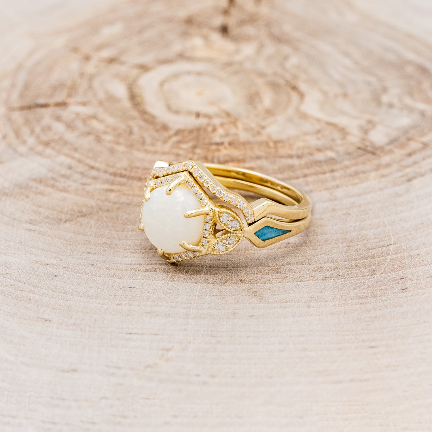 "LUCY IN THE SKY" - ROUND CUT WHITE OPAL ENGAGEMENT RING WITH DIAMOND ACCENTS & TURQUOISE INLAYS WITH DIAMOND TRACER-3