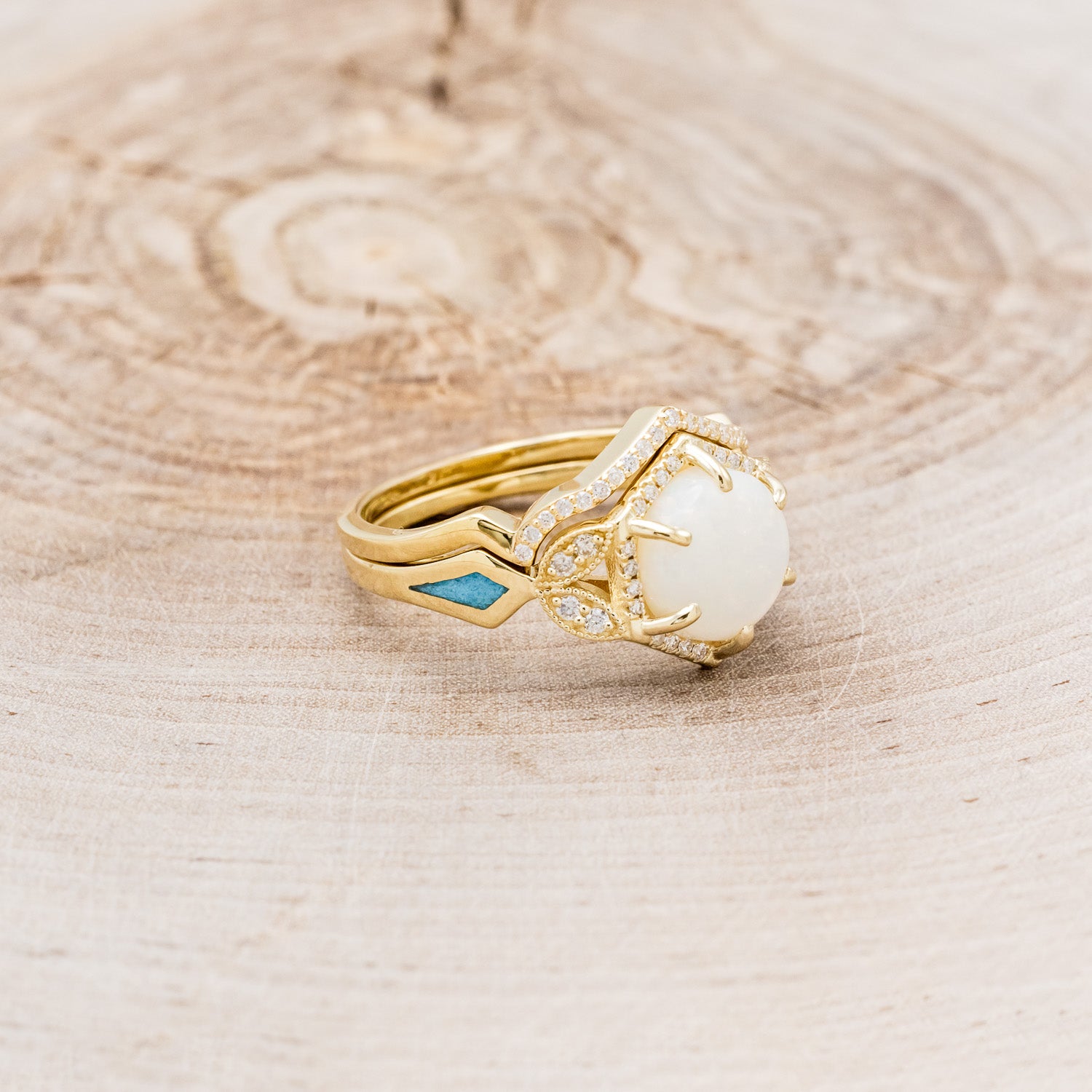 "LUCY IN THE SKY" - ROUND CUT WHITE OPAL ENGAGEMENT RING WITH DIAMOND ACCENTS & TURQUOISE INLAYS WITH DIAMOND TRACER-2