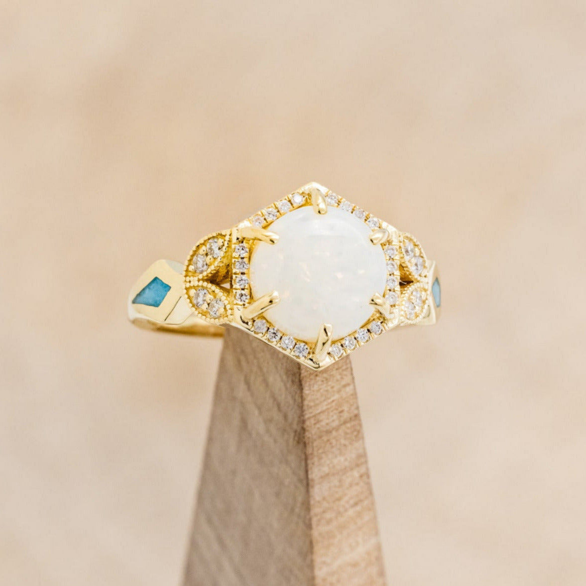 "LUCY IN THE SKY" - ROUND CUT WHITE OPAL ENGAGEMENT RING WITH DIAMOND ACCENTS & TURQUOISE INLAYS WITH DIAMOND TRACER-7