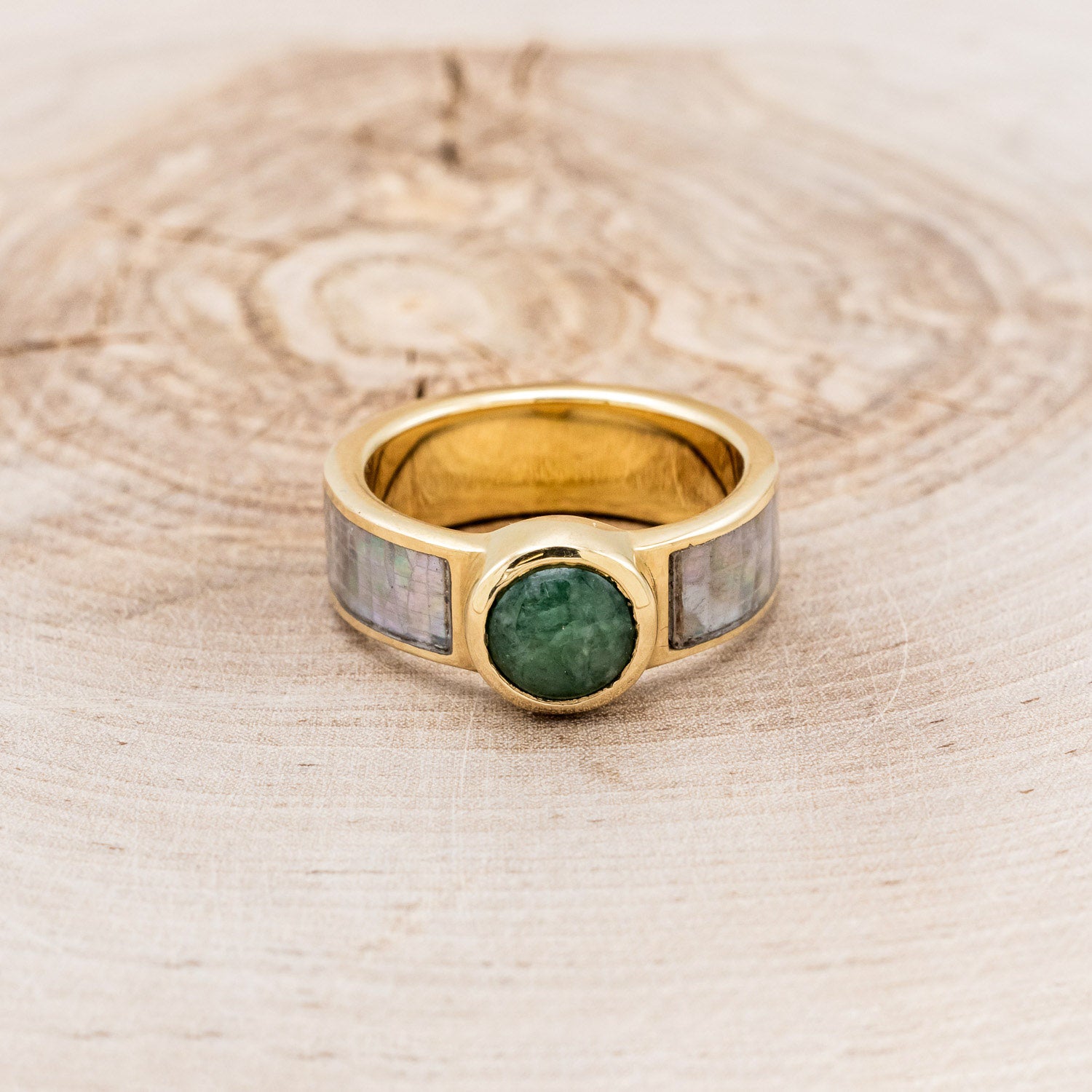 "MATILDA" - ROUND CUT NEPHRITE JADE WEDDING BAND WITH MOTHER OF PEARL INLAYS-4