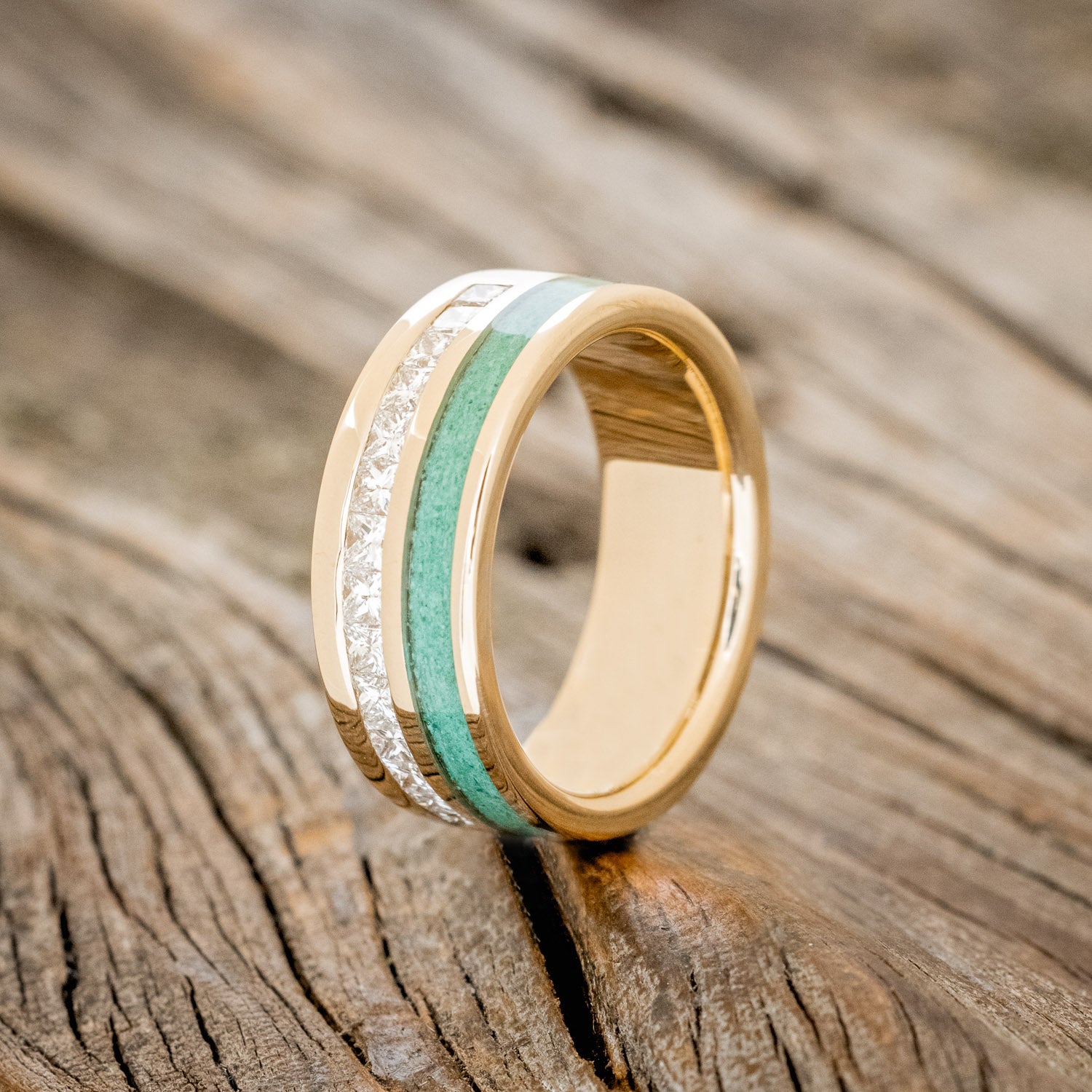 "MEMPHIS" - MALACHITE & DIAMONDS WEDDING RING FEATURING A 14K GOLD BAND-4