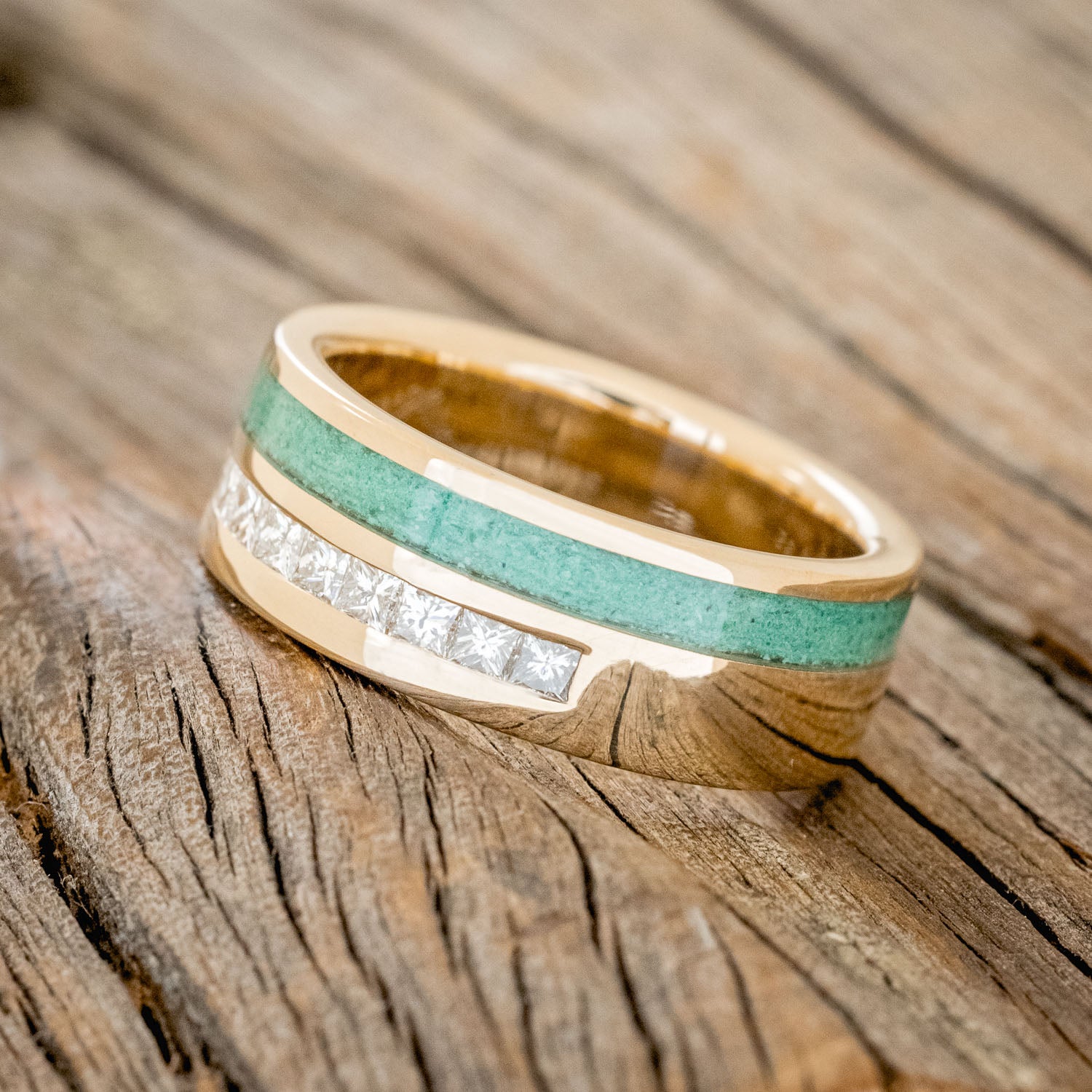 "MEMPHIS" - MALACHITE & DIAMONDS WEDDING RING FEATURING A 14K GOLD BAND-5