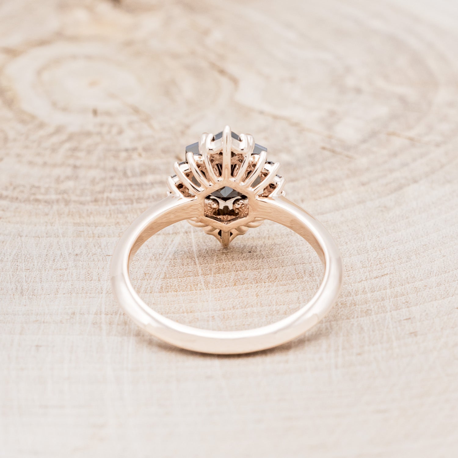 "NEREZZA" - HEXAGON CUT BLACK MOISSANITE ENGAGEMENT RING WITH A BLACK DIAMOND HALO-5