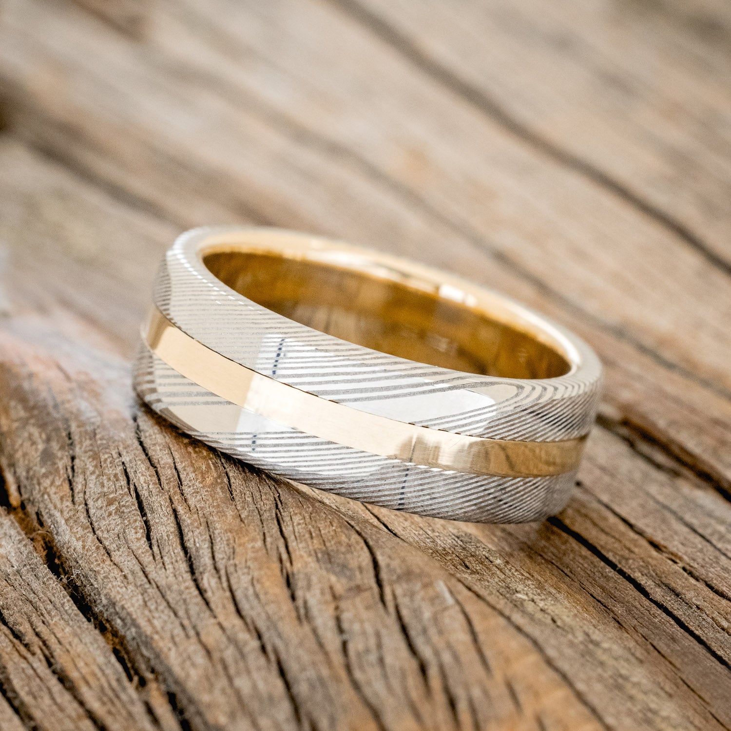 "NIRVANA" - ETCHED DAMASCUS STEEL & 14K GOLD INLAY WEDDING BAND-2
