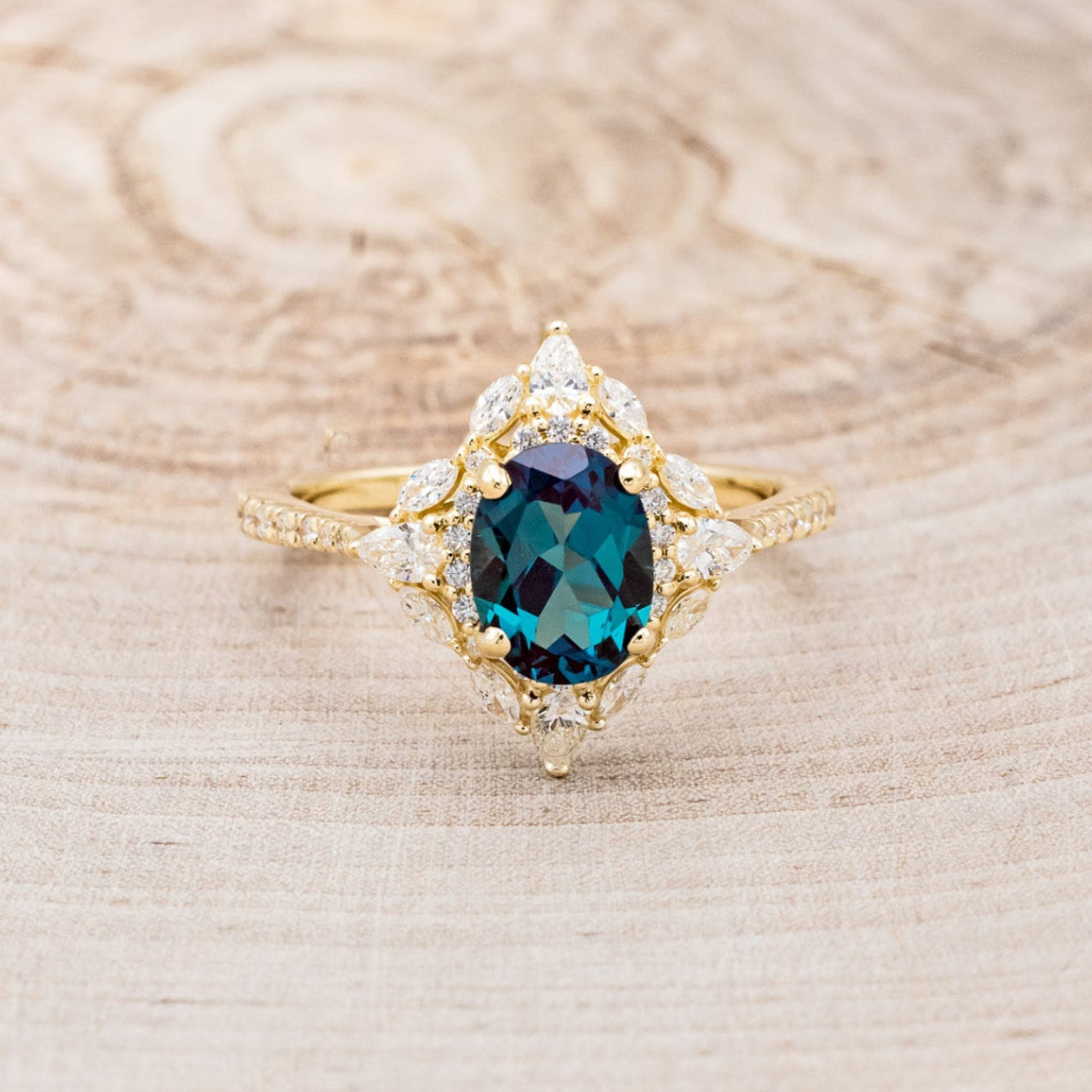 "NORTH STAR" - OVAL LAB-GROWN ALEXANDRITE ENGAGEMENT RING WITH DIAMOND HALO & ACCENTS-18
