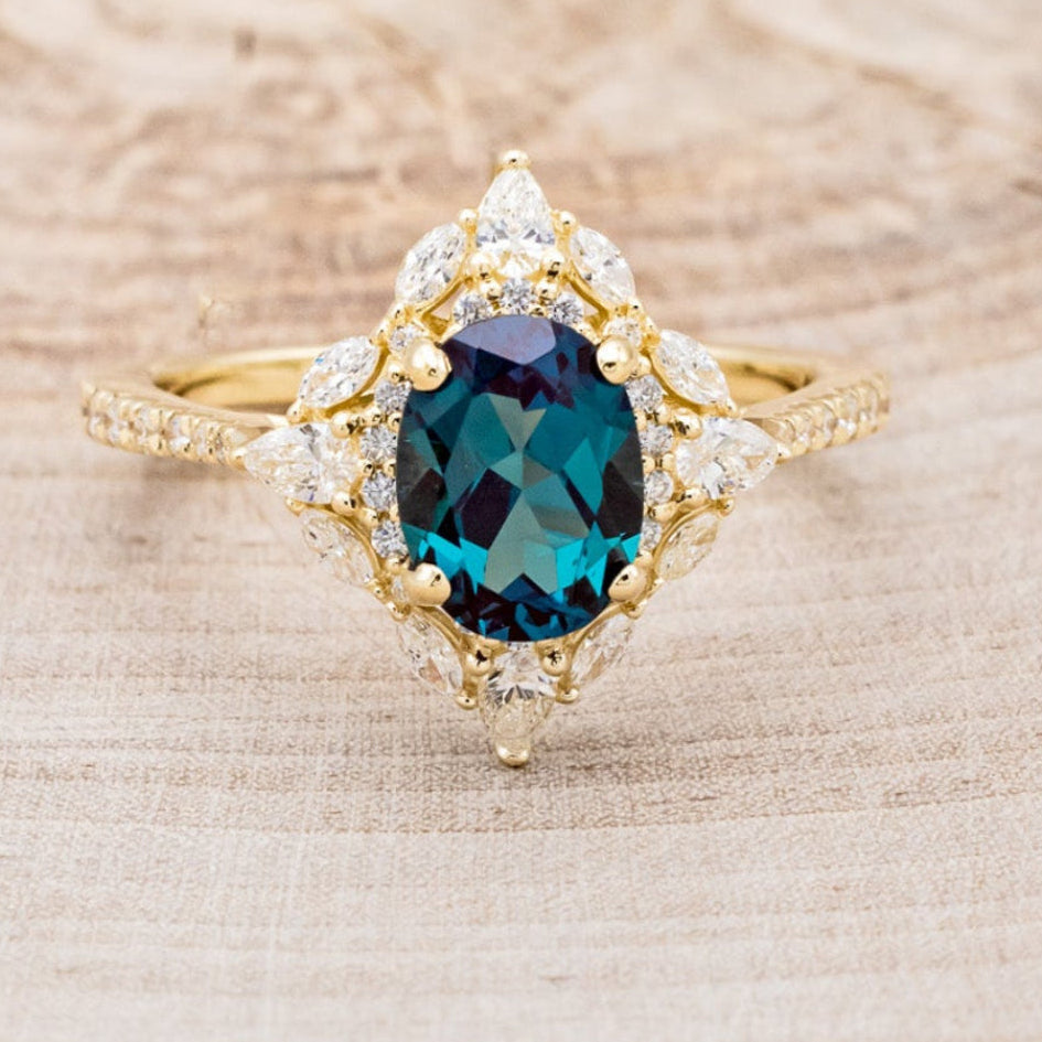 "NORTH STAR" - OVAL LAB-GROWN ALEXANDRITE ENGAGEMENT RING WITH DIAMOND HALO & ACCENTS-18