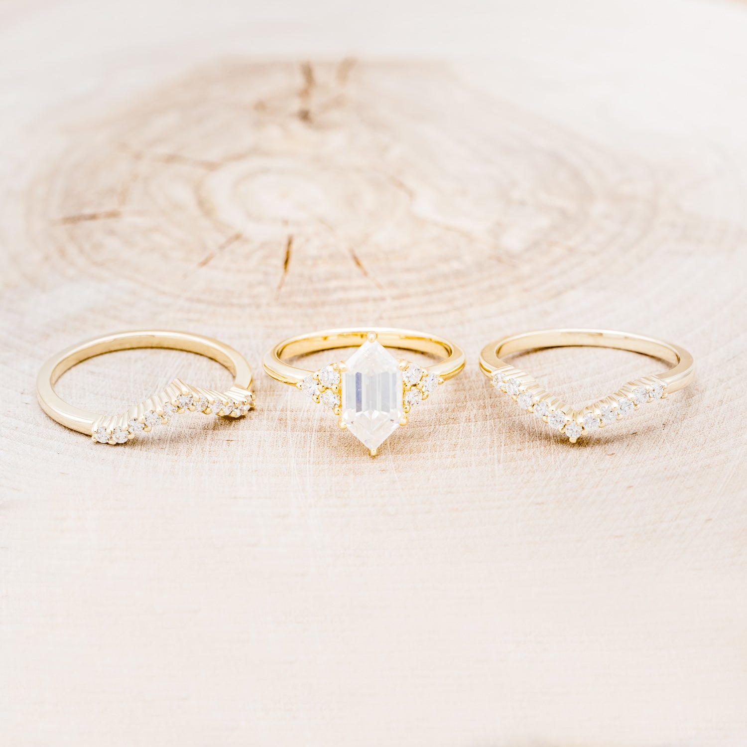 "OCTAVIA" - BRIDAL SUITE - ELONGATED HEXAGON MOISSANITE ENGAGEMENT RING WITH DIAMOND ACCENTS & TRACER-6