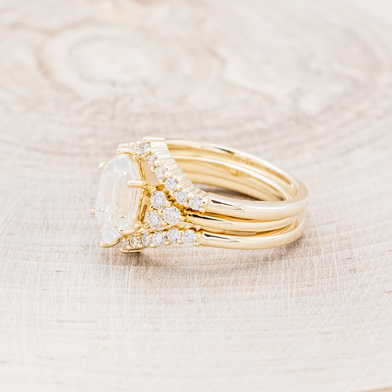 "OCTAVIA" - BRIDAL SUITE - ELONGATED HEXAGON MOISSANITE ENGAGEMENT RING WITH DIAMOND ACCENTS & TRACER-3