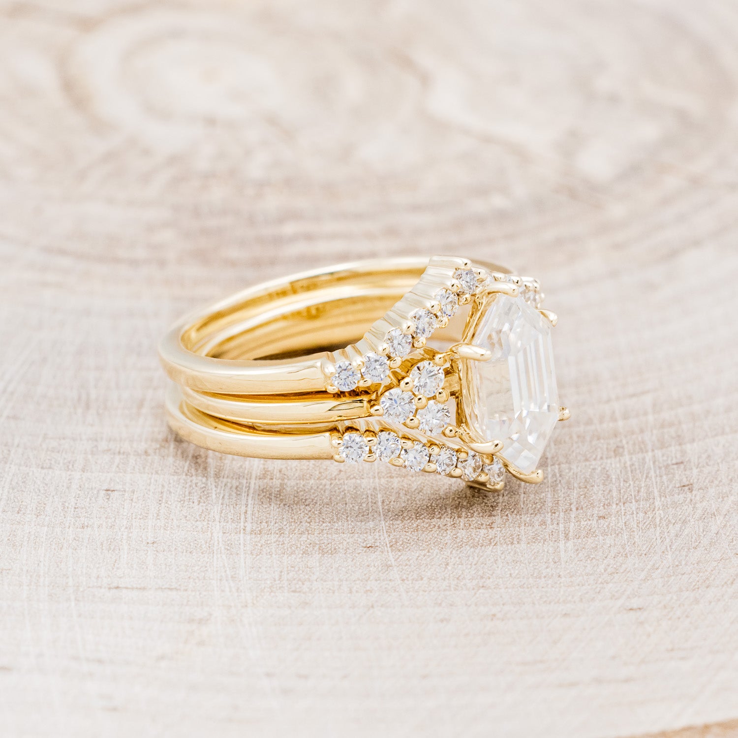 "OCTAVIA" - BRIDAL SUITE - ELONGATED HEXAGON MOISSANITE ENGAGEMENT RING WITH DIAMOND ACCENTS & TRACER-2