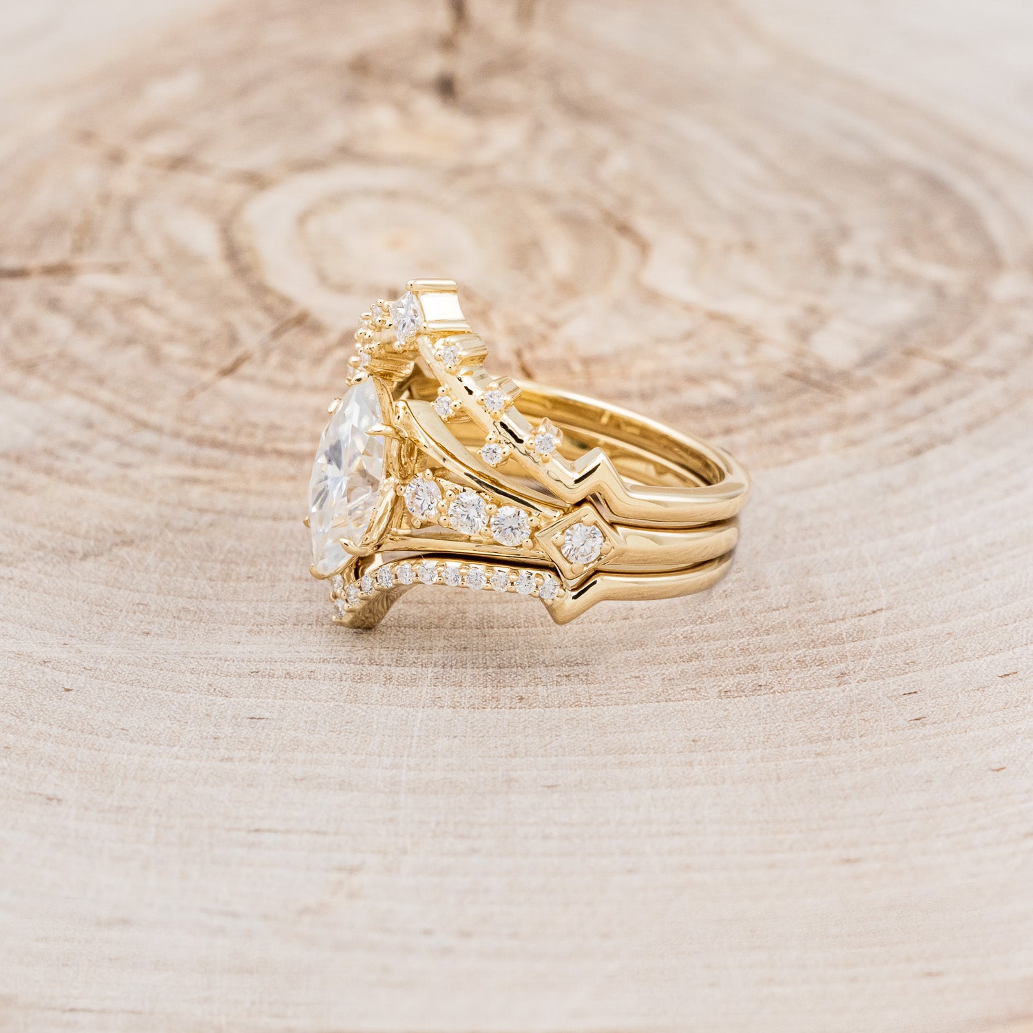 "PERSEPHONE" - BRIDAL SUITE - MARQUISE-CUT MOISSANITE ENGAGEMENT RING WITH DIAMOND ACCENTS & TWO DIAMOND TRACERS-3