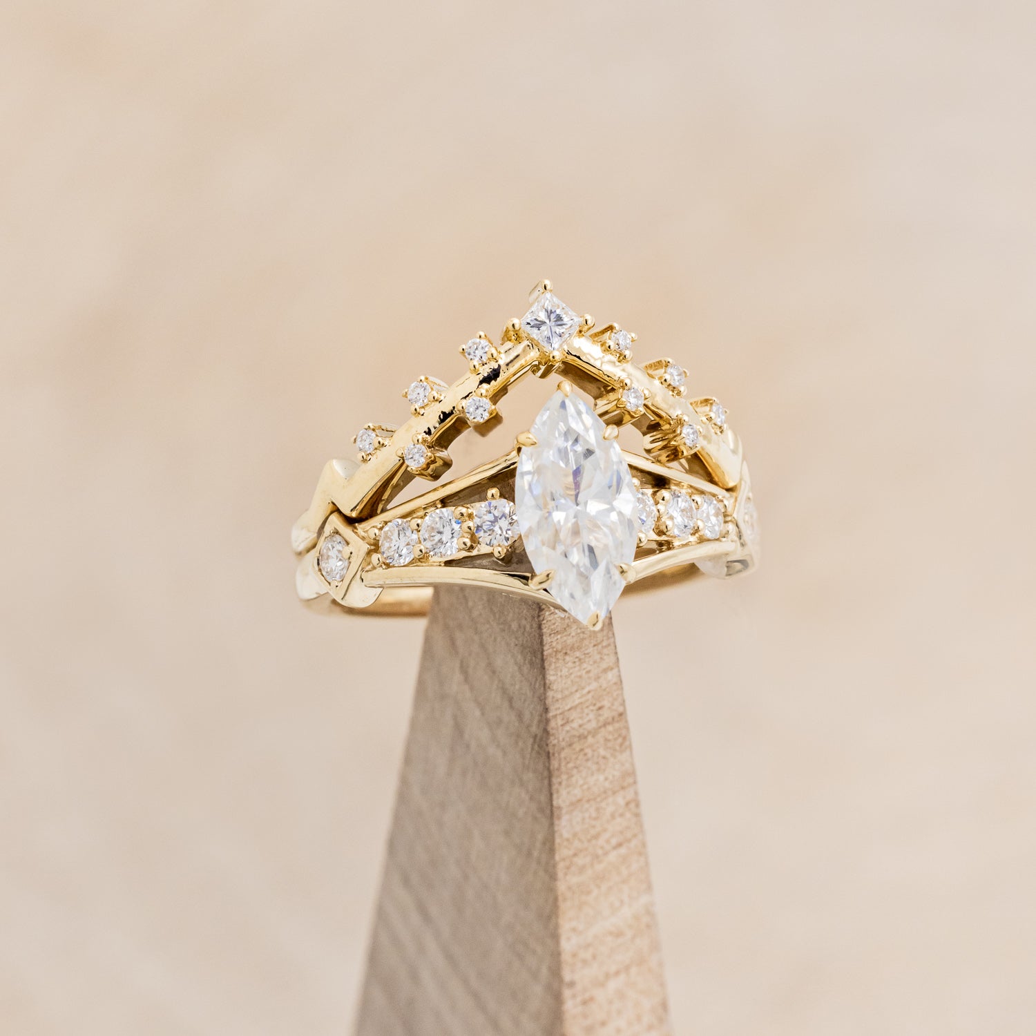 "PERSEPHONE" - BRIDAL SUITE - MARQUISE-CUT MOISSANITE ENGAGEMENT RING WITH DIAMOND ACCENTS & TWO DIAMOND TRACERS-7