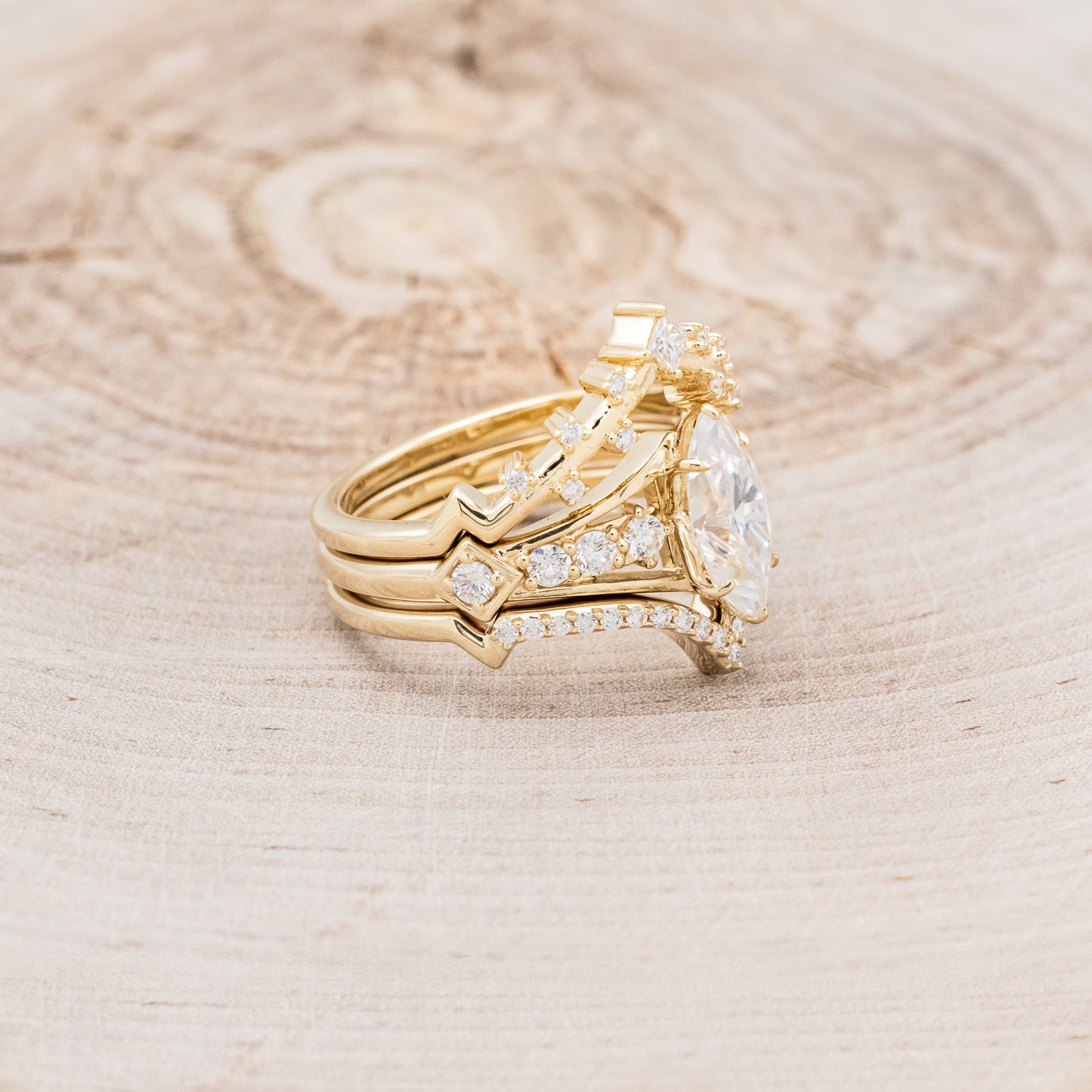 "PERSEPHONE" - BRIDAL SUITE - MARQUISE-CUT MOISSANITE ENGAGEMENT RING WITH DIAMOND ACCENTS & TWO DIAMOND TRACERS-2