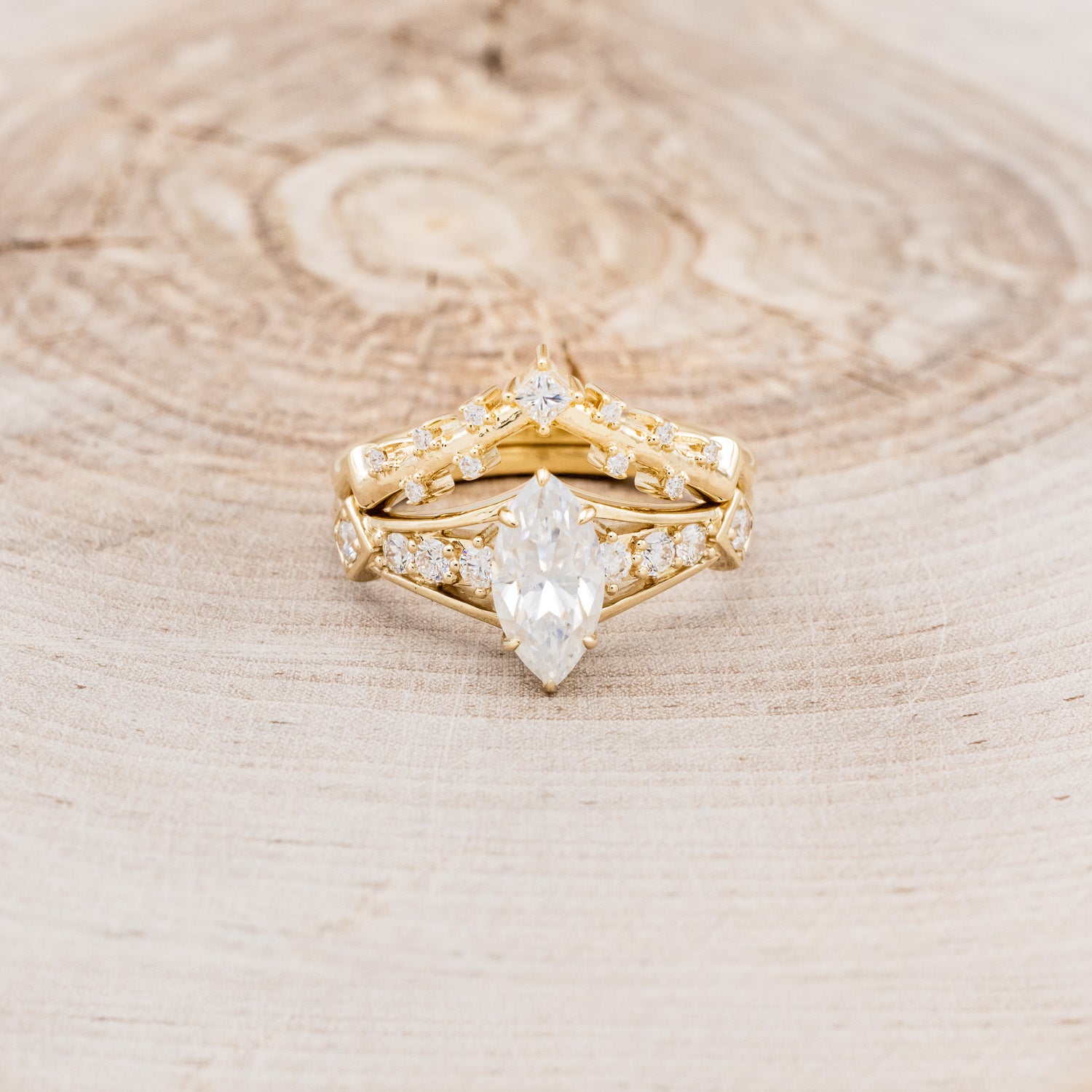 "PERSEPHONE" - BRIDAL SUITE - MARQUISE-CUT MOISSANITE ENGAGEMENT RING WITH DIAMOND ACCENTS & TWO DIAMOND TRACERS-10