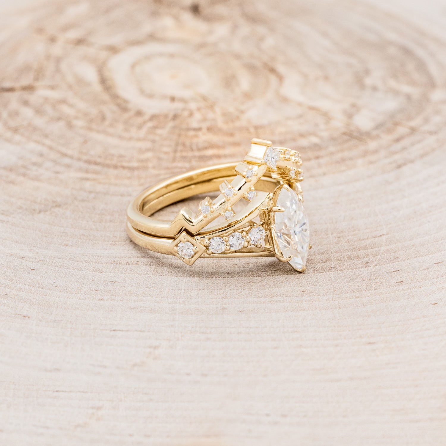 "PERSEPHONE" - BRIDAL SUITE - MARQUISE-CUT MOISSANITE ENGAGEMENT RING WITH DIAMOND ACCENTS & TWO DIAMOND TRACERS-8