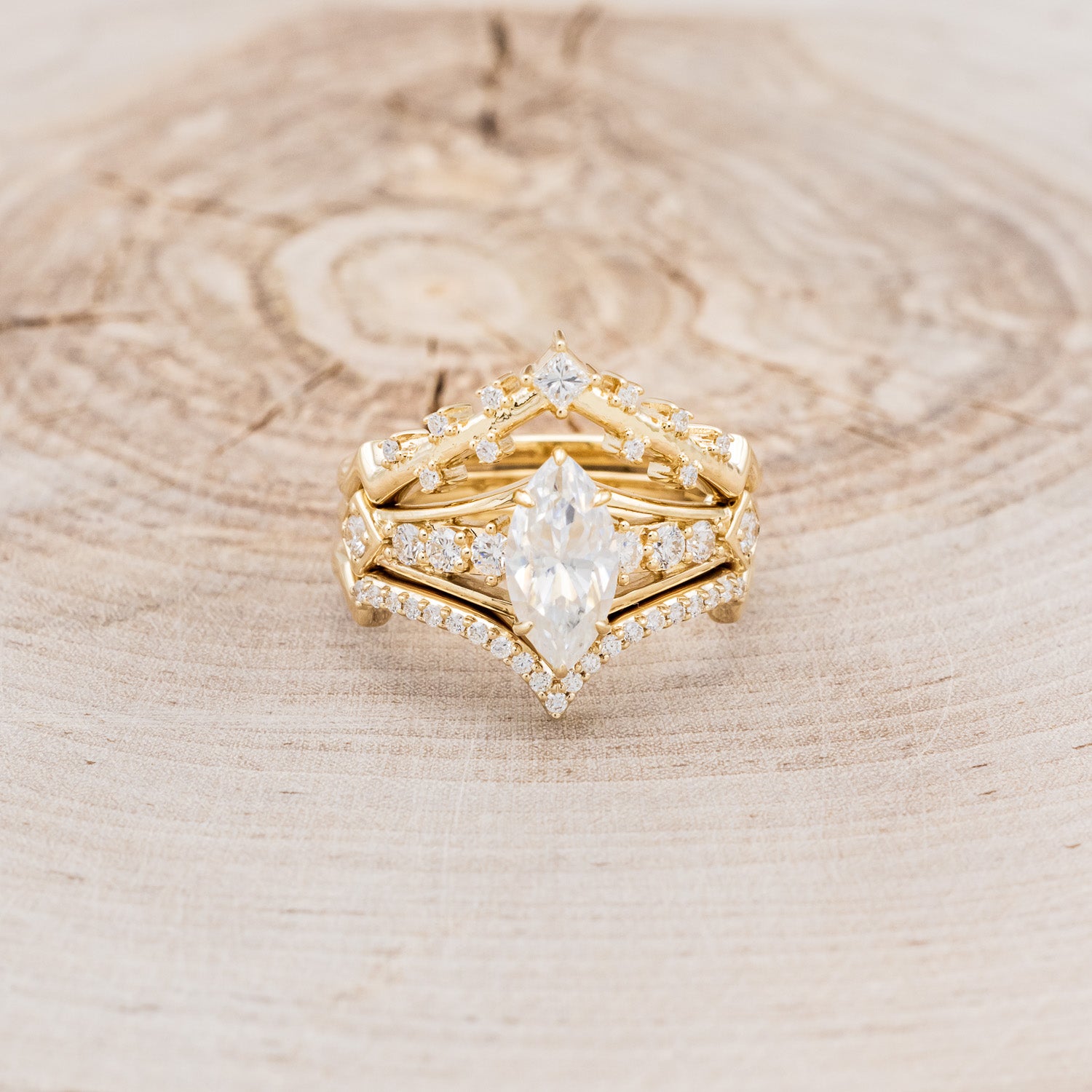 "PERSEPHONE" - BRIDAL SUITE - MARQUISE-CUT MOISSANITE ENGAGEMENT RING WITH DIAMOND ACCENTS & TWO DIAMOND TRACERS-4