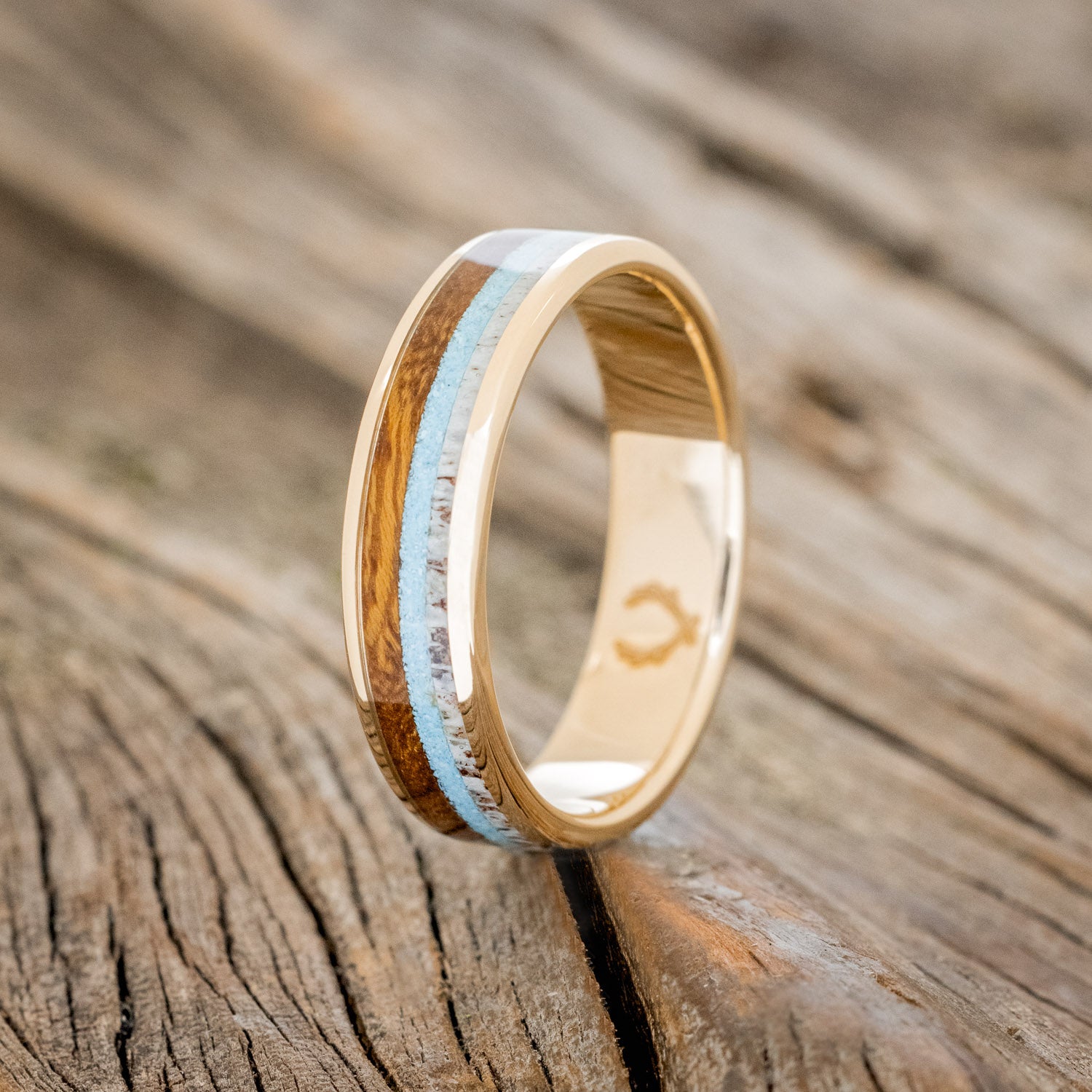 "RAINIER" - ANTLER, IRONWOOD & TURQUOISE WEDDING RING FEATURING A 14K GOLD BAND-4