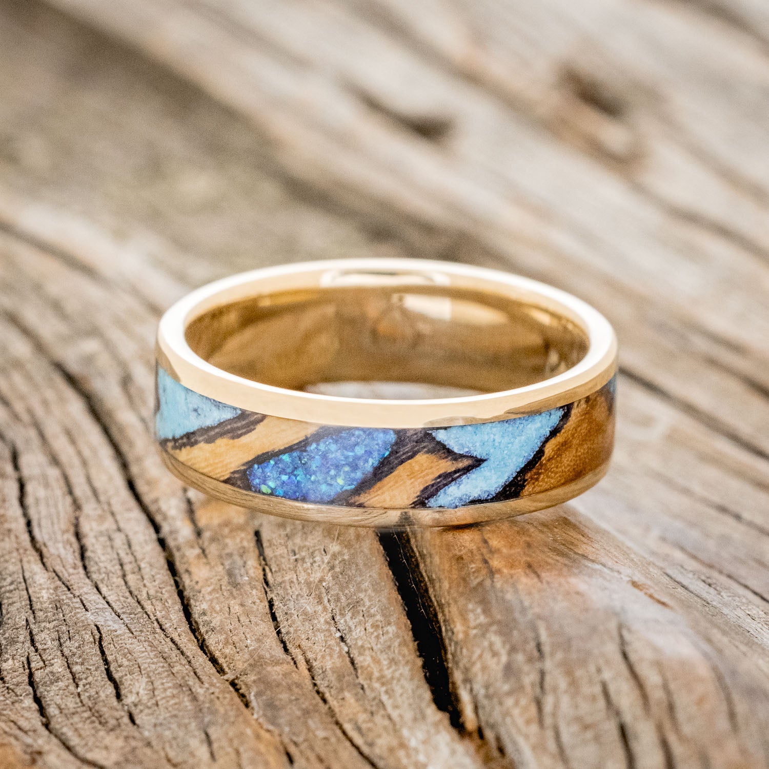 "RAINIER" - ELM BURL WOOD, BLUE OPAL & TURQUOISE WEDDING RING-3
