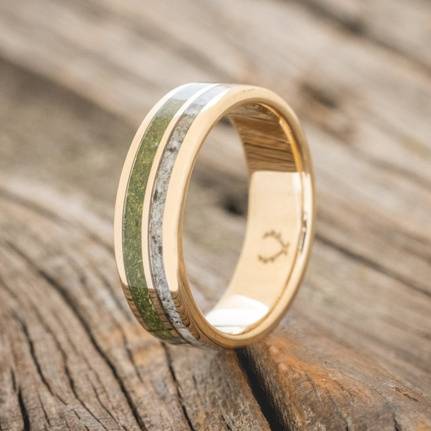 "RAPTOR" - MOSS WITH MOLDAVITE & MOONSTONE MIX WEDDING BAND-10
