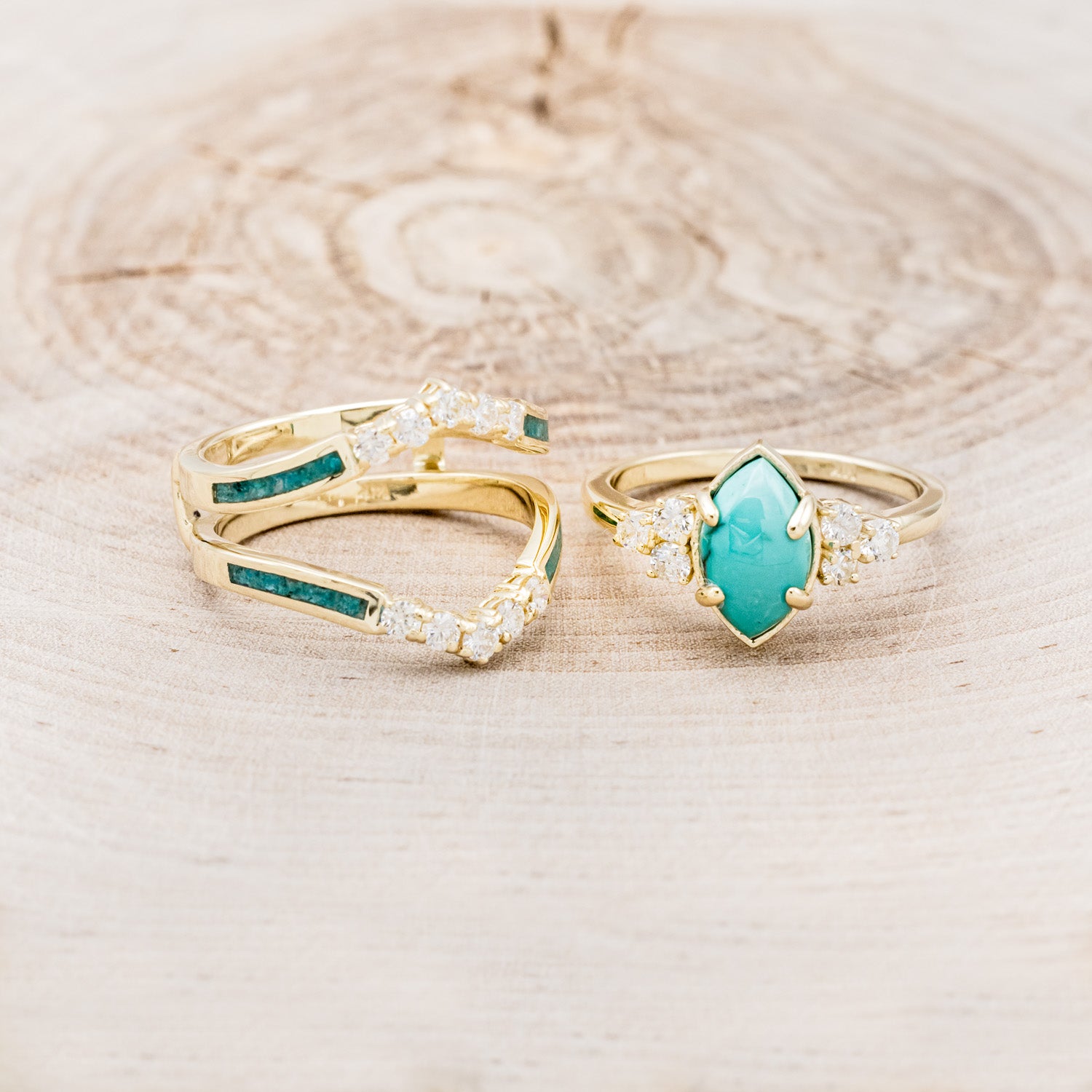 "RAYA" - MARQUISE TURQUOISE ENGAGEMENT RING WITH DIAMOND ACCENTS & CHRYSOCOLLA RING GUARD-6