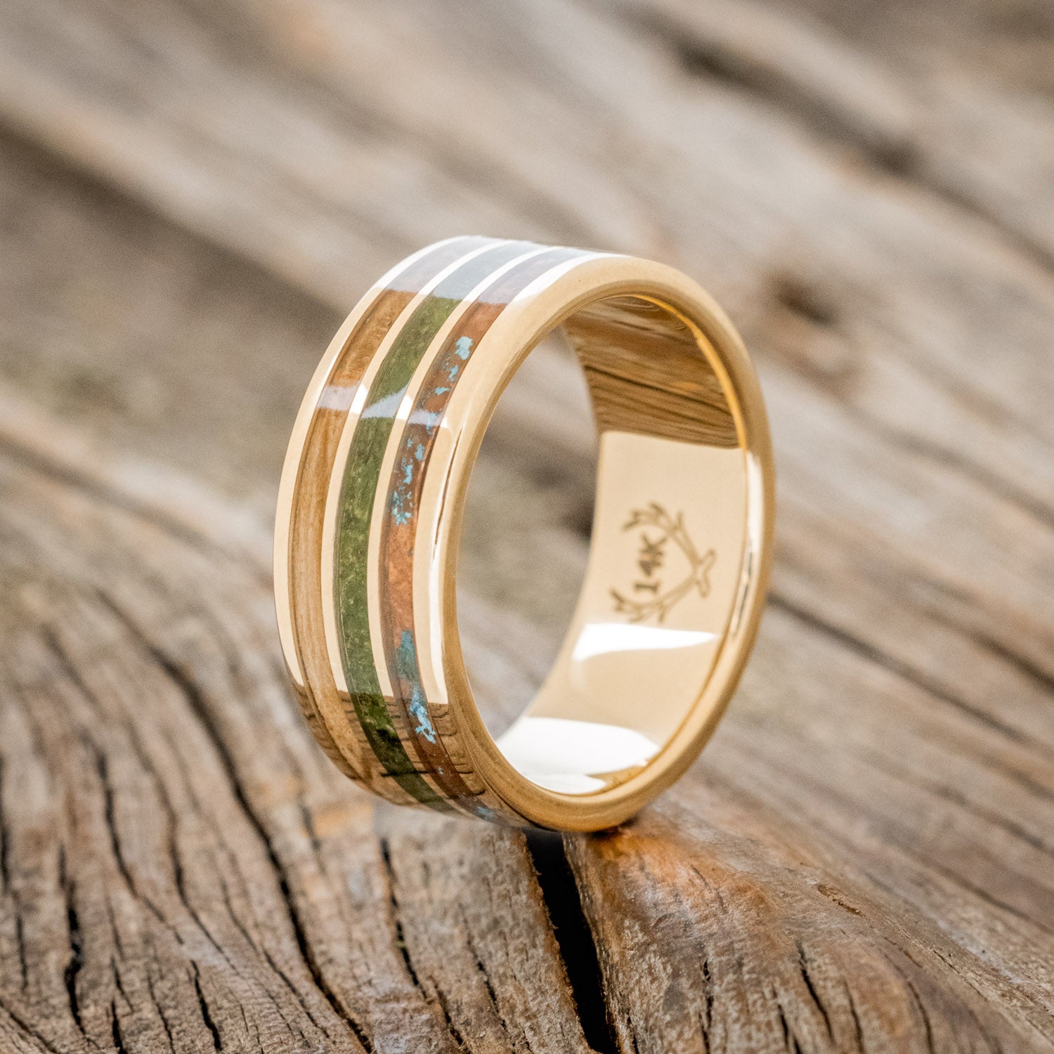"RIO" - PATINA COPPER, MOSS & WHISKEY BARREL OAK WEDDING RING FEATURING A 14K GOLD BAND-4