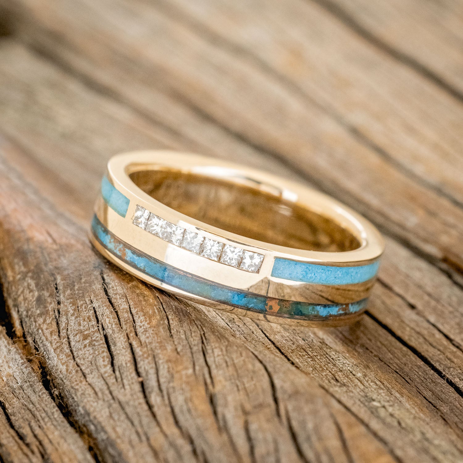 "TRIDENT" - DIAMOND, PATINA COPPER & TURQUOISE INLAYS WEDDING BAND-2