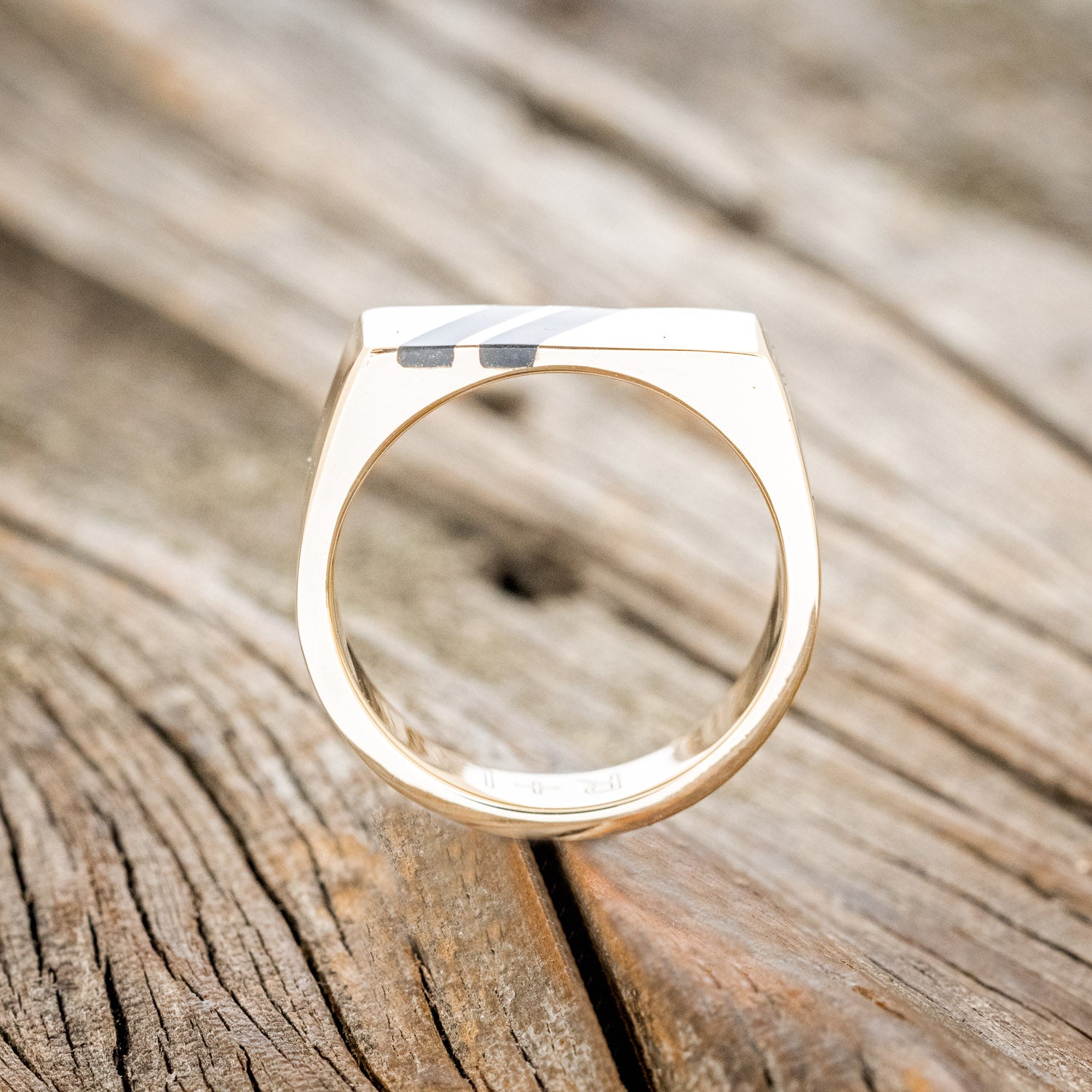 "TWAIN" - FLAT TOP WEDDING RING FEATURING DIAGONAL BLACK JET STONE INLAYS-4