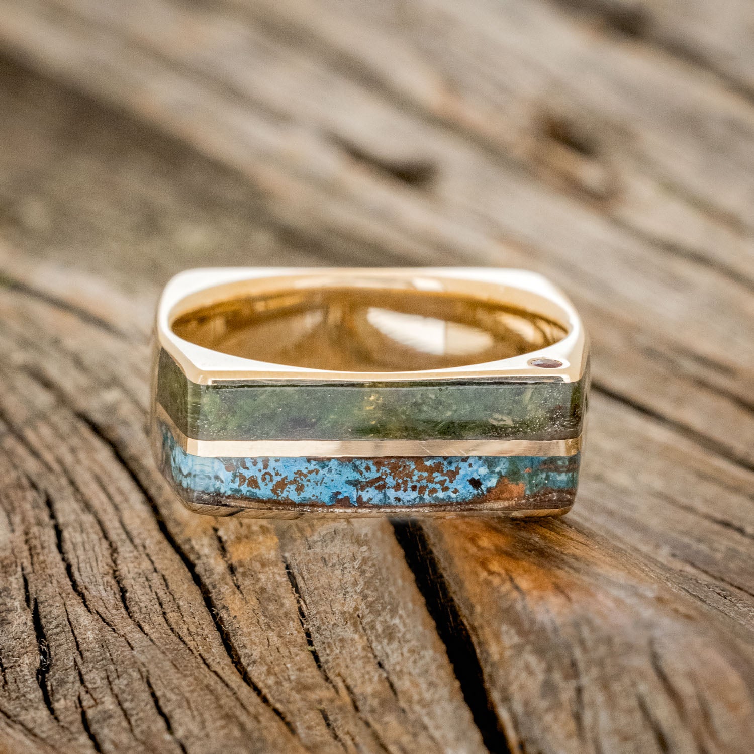 "VEGA" - FLAT TOP MOSS & PATINA COPPER WEDDING BAND WITH SIDE SET RUBIES-3