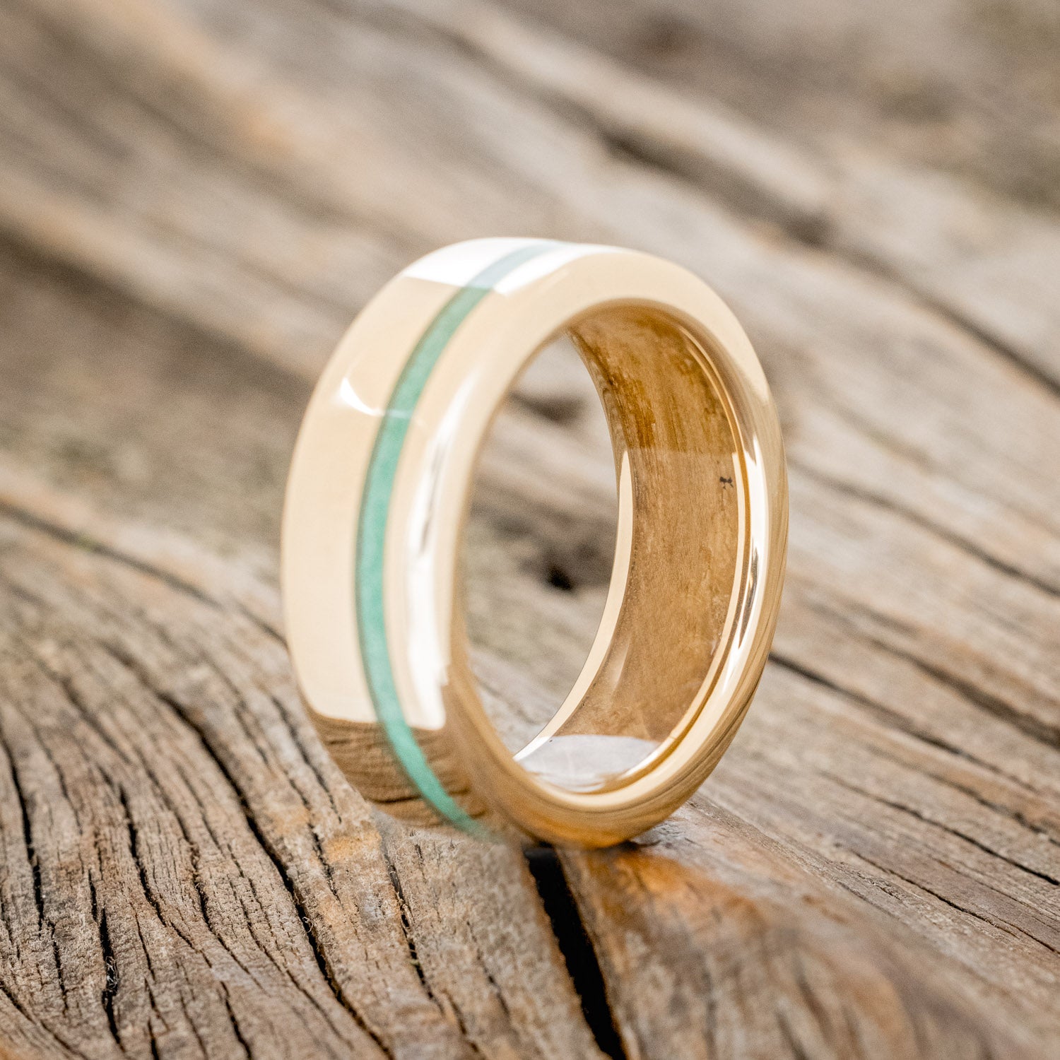 "VERTIGO" - MATCHING SET OF 14K GOLD BANDS WITH MALACHITE, LAPIS LAZULI INLAYS & WHISKEY BARREL LINING-9
