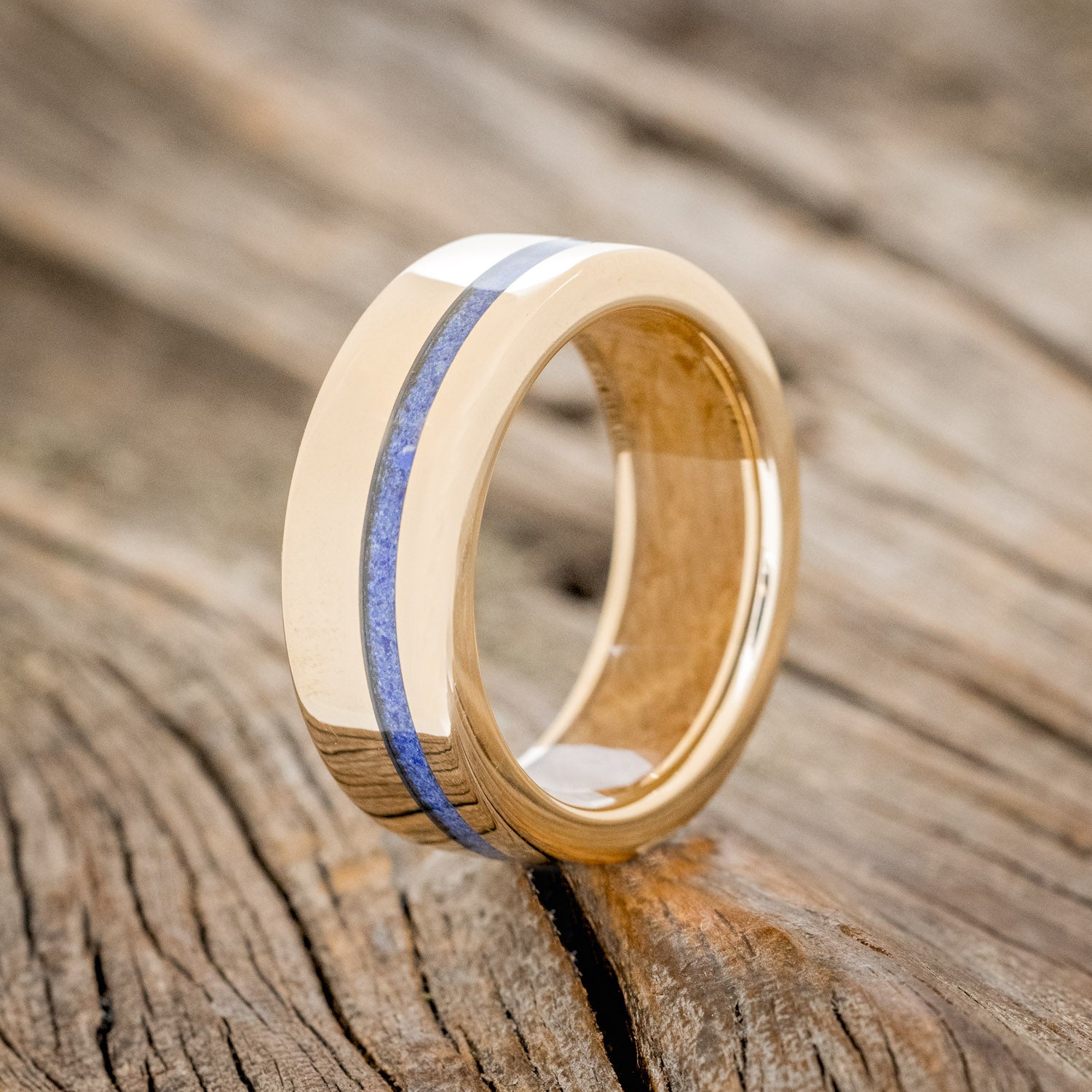 "VERTIGO" - MATCHING SET OF 14K GOLD BANDS WITH MALACHITE, LAPIS LAZULI INLAYS & WHISKEY BARREL LINING-3