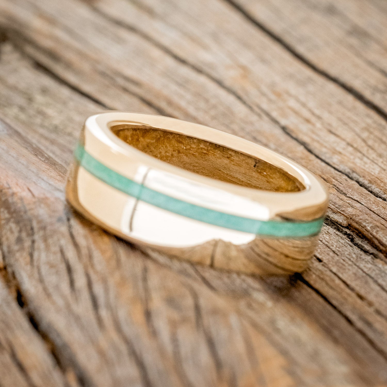 "VERTIGO" - MATCHING SET OF 14K GOLD BANDS WITH MALACHITE, LAPIS LAZULI INLAYS & WHISKEY BARREL LINING-11