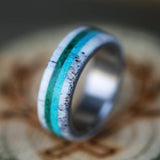 Shown here is  A custom, handcrafted men's wedding ring featuring malachite, turquoise, and antler inlays. Additional inlay options are available upon request.-MALACHITE, ANTLER & TURQUOISE WEDDING BAND (available in titanium, silver, black zirconium) - Staghead Designs - Antler Rings By Staghead Designs