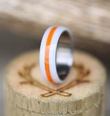 Shown here is A custom, handcrafted men's wedding ring featuring hand-turned orange & white acrylic. Additional inlay options are available upon request.-ORANGE & WHITE ACRYLIC WEDDING BAND (available in titanium, silver, black zirconium & 14K white, rose or yellow gold) - Staghead Designs - Antler Rings By Staghead Designs