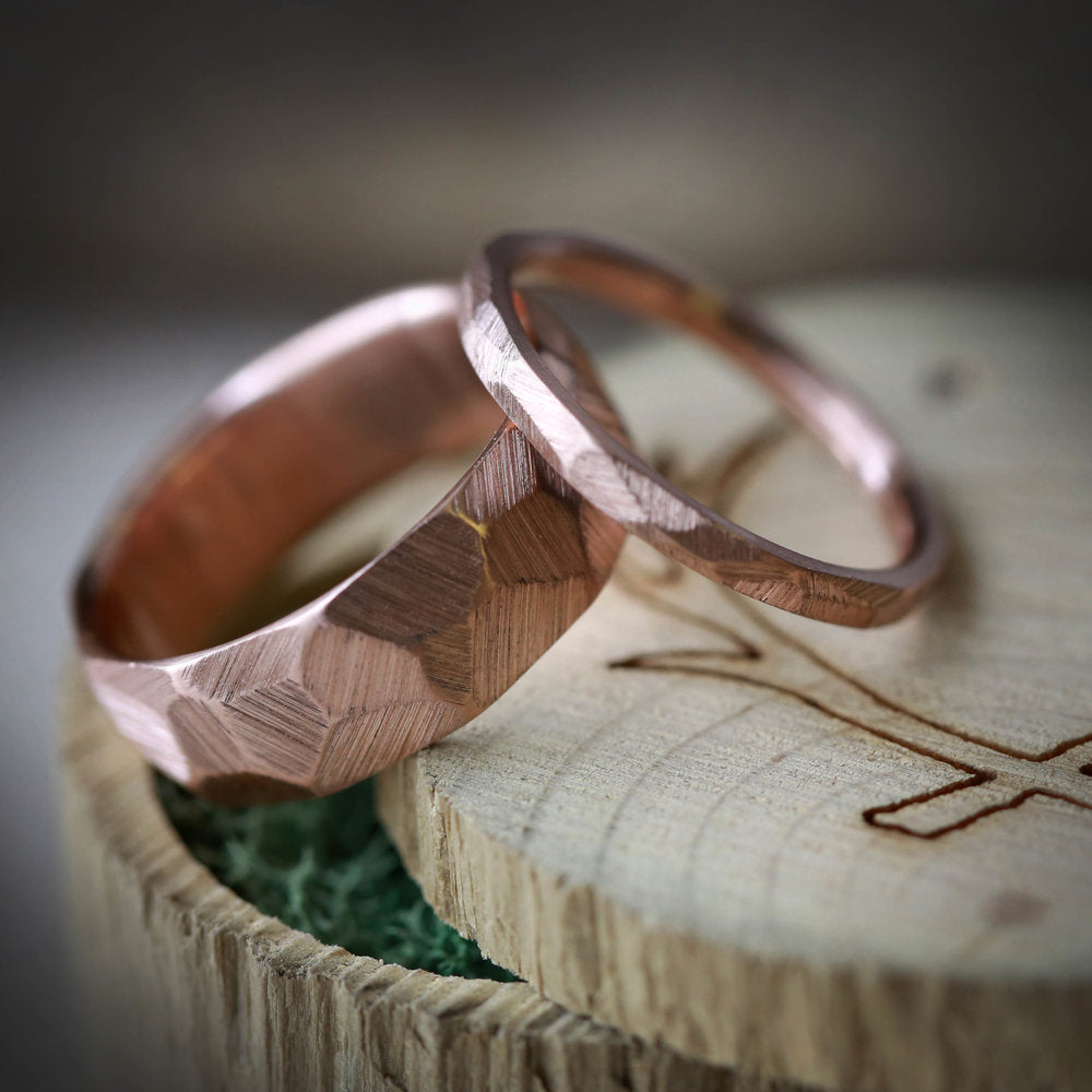 MATCHING SET OF FACETED WEDDING RINGS FEATURING TEXTURED 14K GOLD BANDS-17