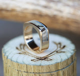 Shown here is  "Mesa", a custom, handcrafted men's wedding band featuring a custom cast 14K yellow gold base, with elk antler and spalted maple inlays. Additional inlay options are available upon request.-14K GOLD CUSTOM CAST WEDDING BAND FEATURING SPALTED MAPLE & ELK ANTLER (available in silver, 14K white, rose, or yellow gold) - Staghead Designs - Antler Rings By Staghead Designs