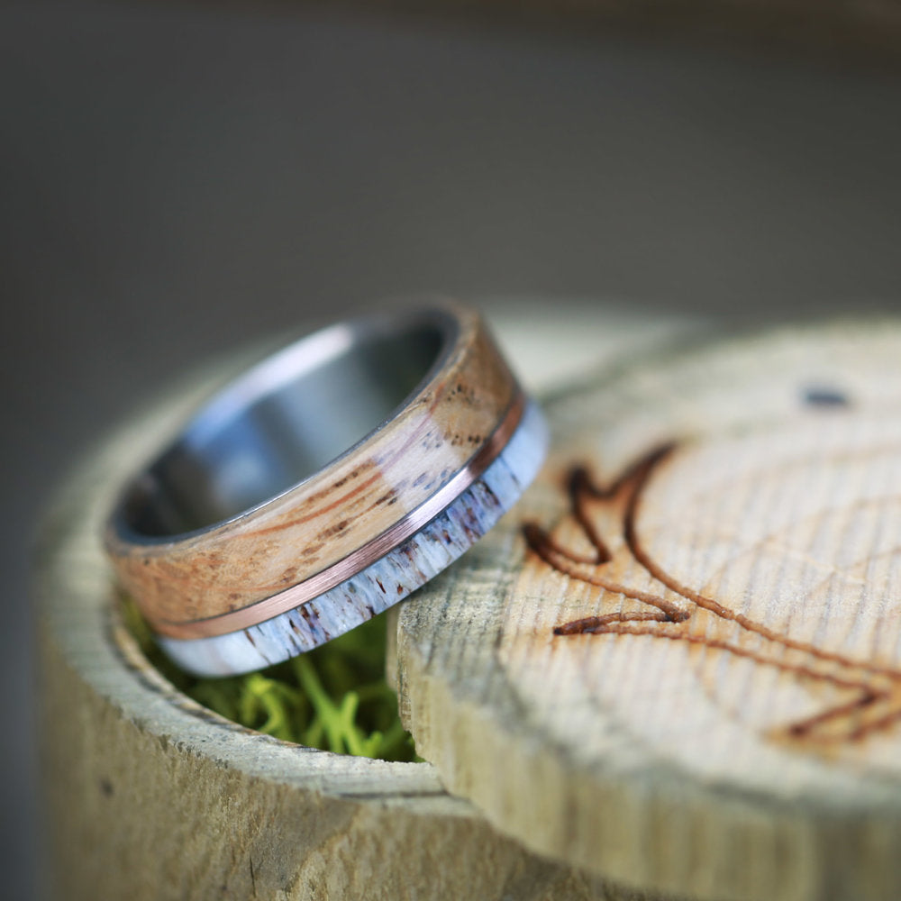 "GOLDEN" - WHISKEY BARREL OAK, ANTLER & 14K GOLD INLAY WEDDING BAND-5