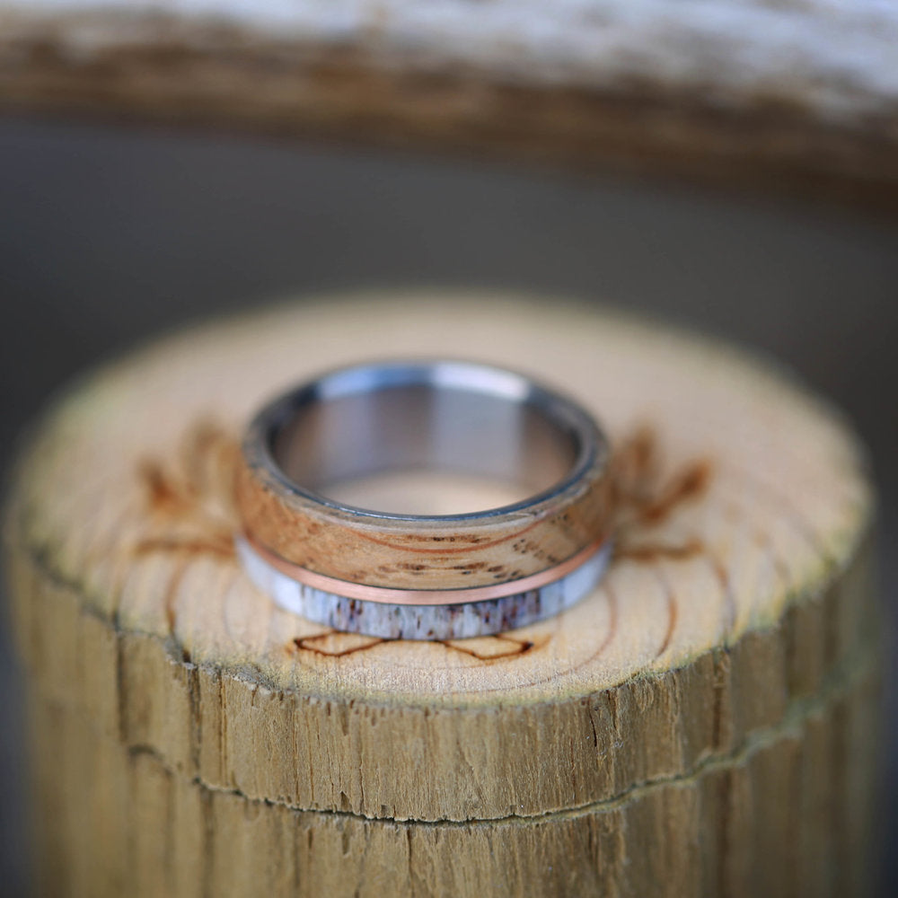 "GOLDEN" - WHISKEY BARREL OAK, ANTLER & 14K GOLD INLAY WEDDING BAND-6