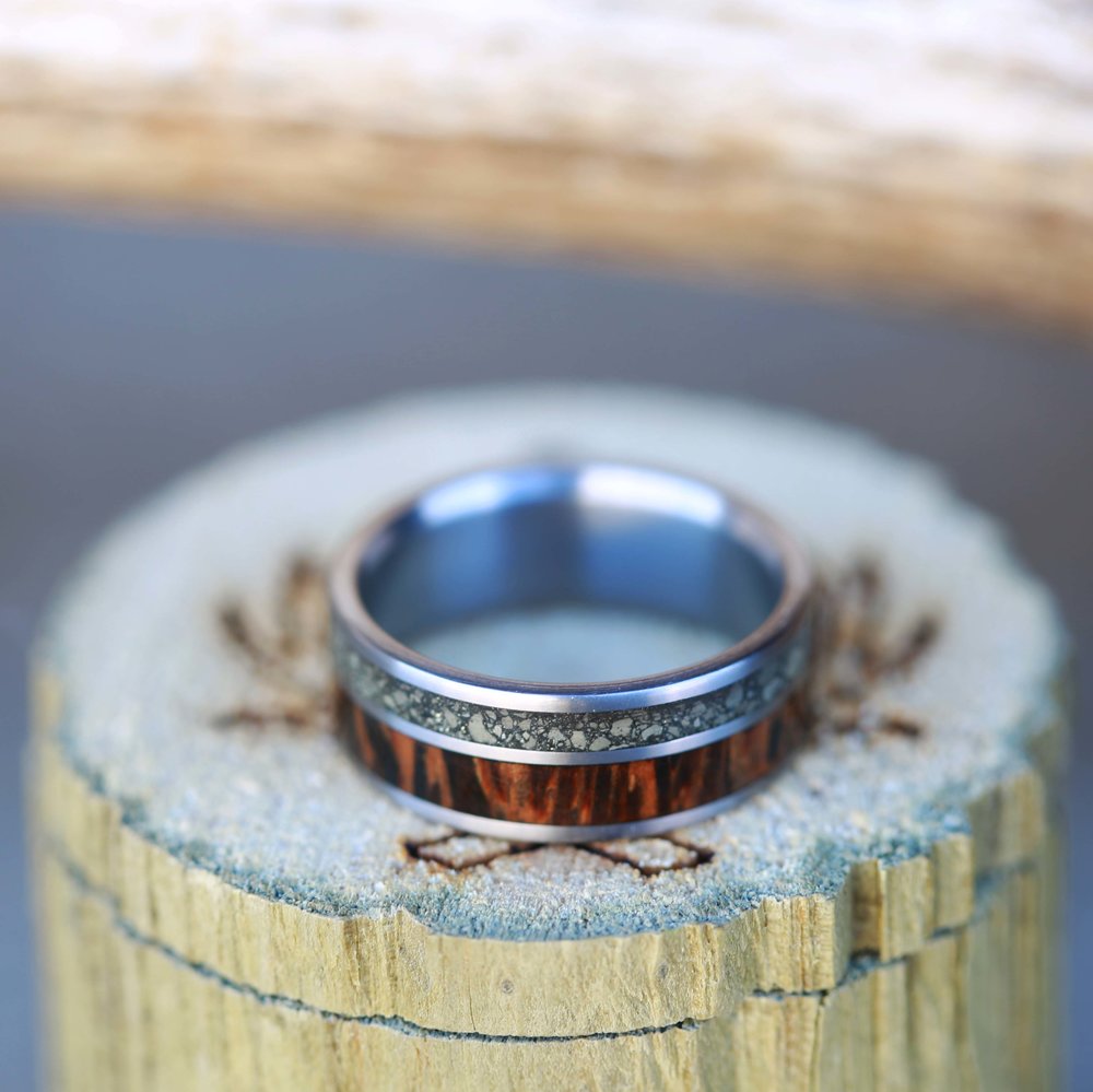 "RAPTOR" - PYRITE & WENGE WOOD INLAYS WEDDING BAND - READY TO SHIP-4