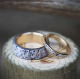 Shown here is A custom, handcrafted matching set of wedding rings featuring elk antler on gold bands. Additional inlay options are available upon request.-MATCHING SET OF 14K GOLD & ELK ANTLER WEDDING BANDS (available in 14K white, rose, or yellow gold) - Staghead Designs - Antler Rings By Staghead Designs