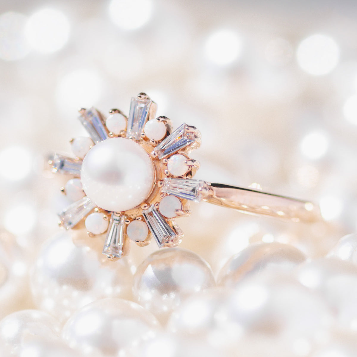 "DOROTHEA" - WHITE AKOYA PEARL ENGAGEMENT RING WITH DIAMOND & OPAL ACCENTS-14