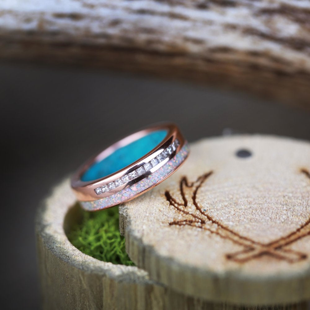 WOMEN'S 14K GOLD RING WITH OPAL, DIAMOND & TURQUOISE INLAYS-3