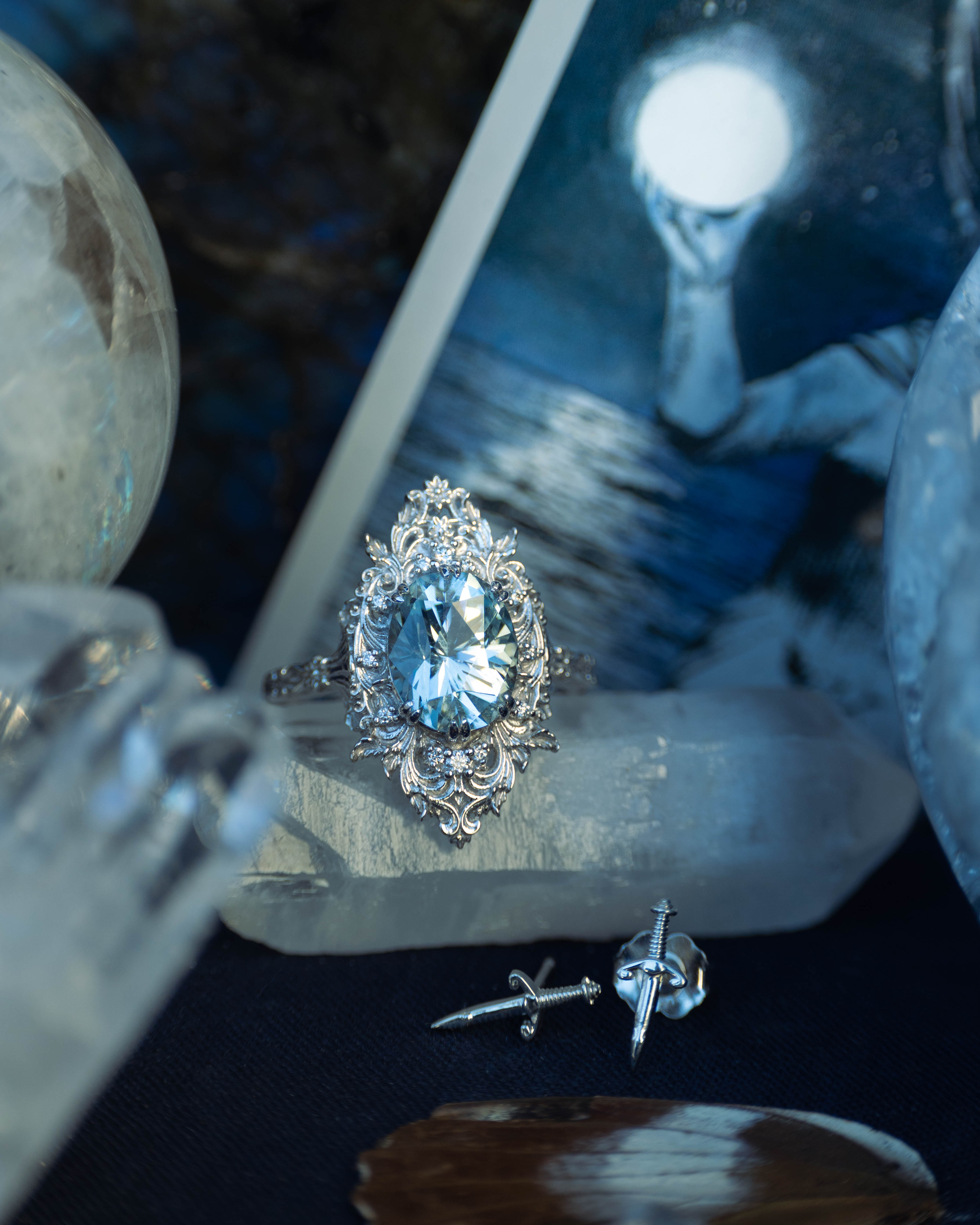 Celestial Engagement Rings: Moonstone, Salt and Pepper Diamonds & Cosmic Wedding Bands