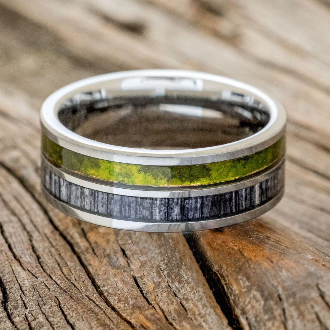 "DYAD" - MOSSY PATINA COPPER & GREY BIRCH WOOD WEDDING BAND-9