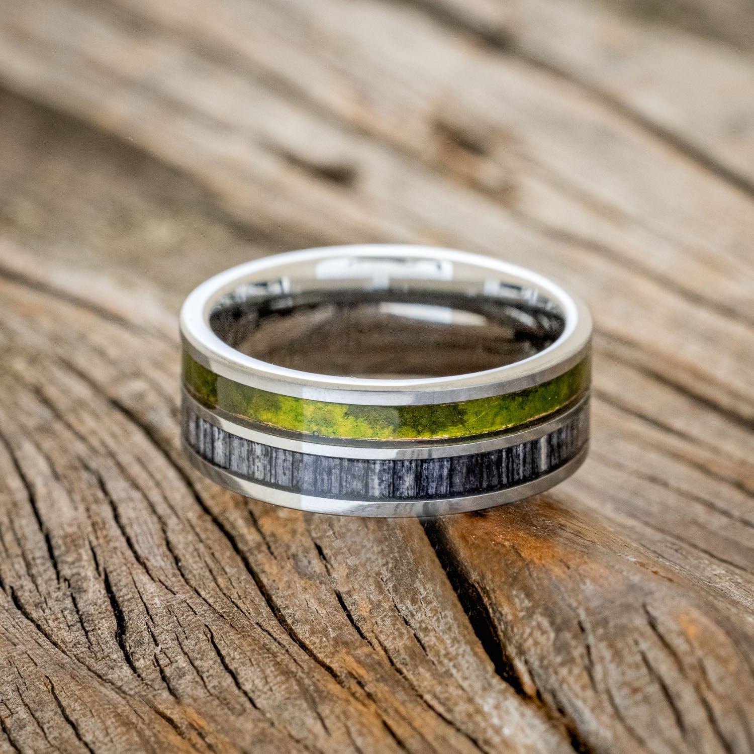 "DYAD" - MOSSY PATINA COPPER & GREY BIRCH WOOD WEDDING BAND-9