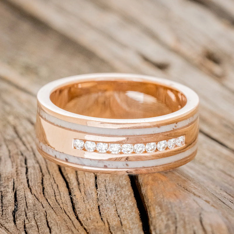 "RYDER" - DIAMONDS & ANTLER INLAYS WEDDING BAND - 14K ROSE GOLD - SIZE 5 1/4-2