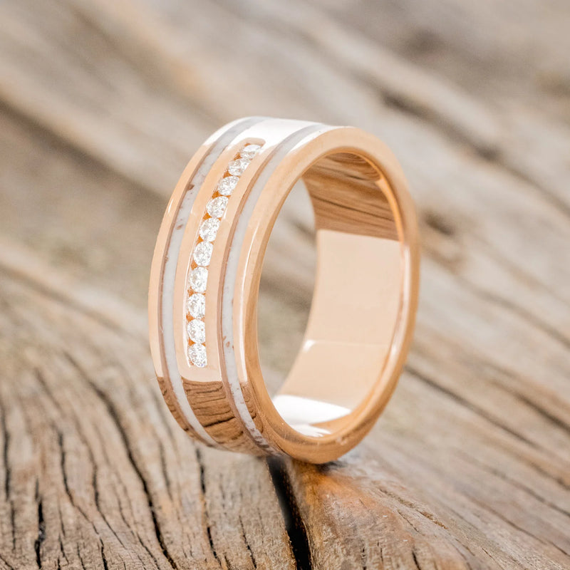 "RYDER" - DIAMONDS & ANTLER INLAYS WEDDING BAND - 14K ROSE GOLD - SIZE 5 1/4-1